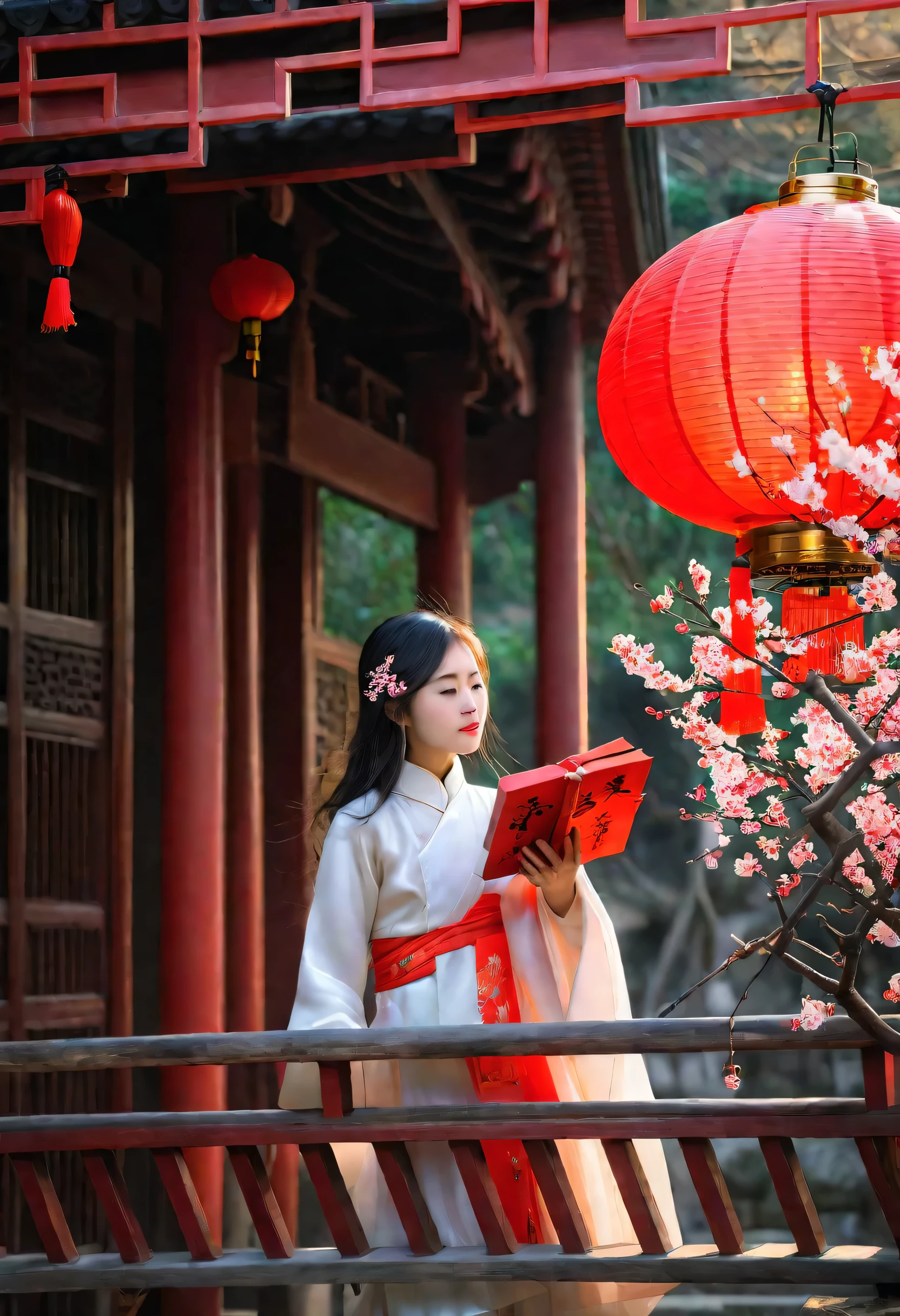 Chinese style ancient architecture garden plum blossom red lantern side backlight Chinese girl spring RAW HD National Geographic real international award-winning works