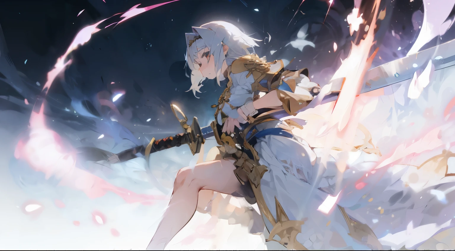Draw your sword　Large sword　beautiful girl　judgment　There are many different kinds of swords floating around.　Silver Hair　Flame Effect