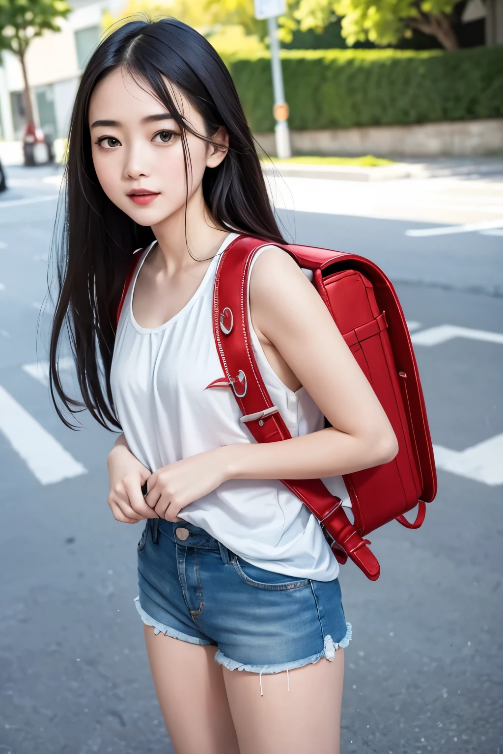 Masterpiece, high detail, Cinema lighting, Ray tracing, view, Shoot at eye level, ultra high definition, masterpiece, textured skin, 4K, best quality，SLR texture，Backlight，Aperture 1.4，Focal length 35mm，ISO400，long hair girl，long black hair，White camisole，ripped short shorts，Light blue denim shorts，Outdoors，Backlight，Stand on the side of the street，Behind is the park，A hand ruffled his hair，Smile，,Chinese girl，long black hair，Flesh-colored pantyhose, The whole body is soaked, Texture, best quality, poster, soft light, warm color,perfect hands, wearing red backpack, (backpack:1.1)