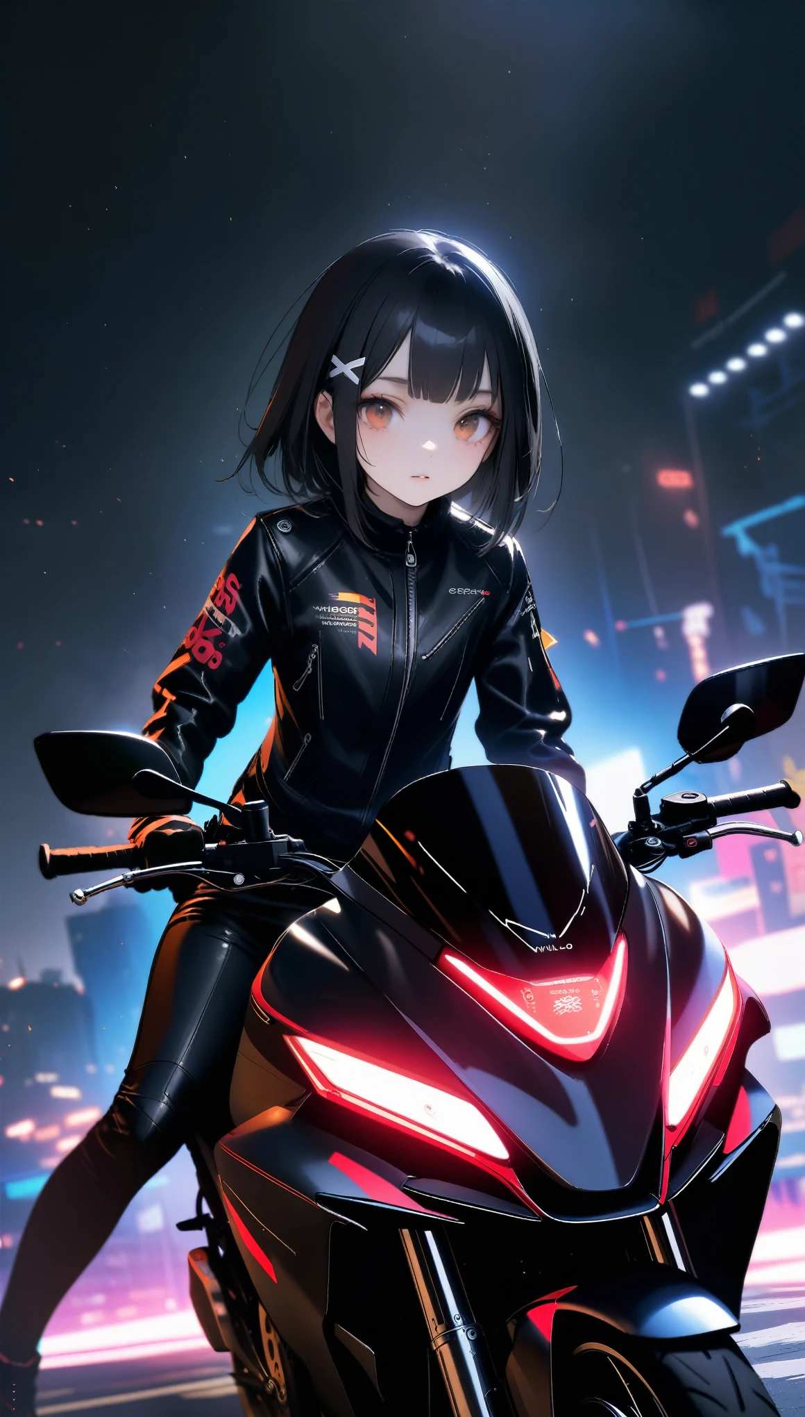 [artist:ningen_mame],[artist:sho_(sho_lwlw)],[artist:mignon],[artist:kedama milk],[artist:ask_(askzy)],artist:wanke,artist:wlop,artist:fujiyama,year 2024,8k,cyberpunk style,1girl,(Miyu Edelfelt),black hair,brown eyes,small ,x hair ornament,Tight leather jacket and leather pants cover the whole body,High-heeled leather boots,(riding yellow SUZUKI GSX600F motorcycle),Beautiful,Glowing special effects,celluloid style,Flat coating,HD,CG art,comics,8K,looking into camera,high quality,illustration,Vaporwave style,rim light,movie lighting,Super detailed,complex,OC renderer,cinematic perspective,high resolution