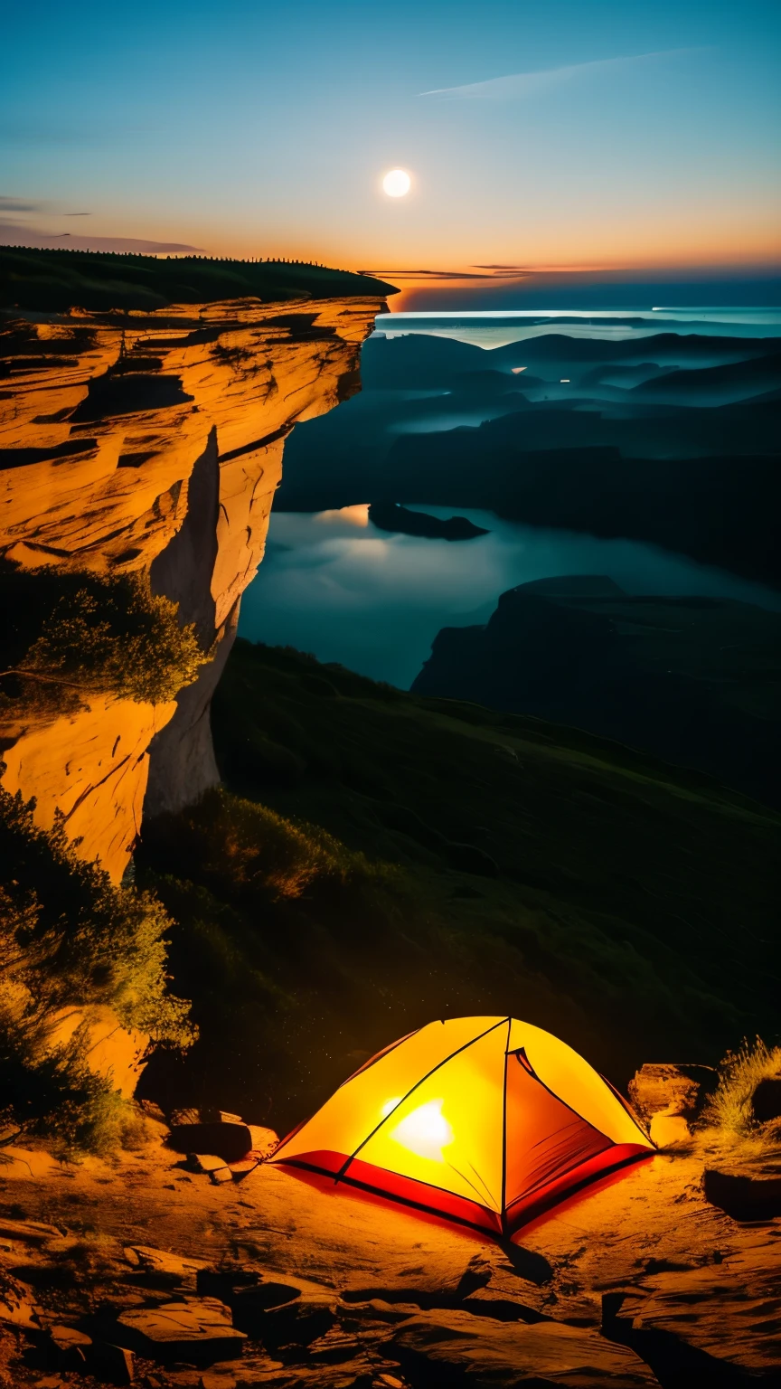 best quality, super fine, 16k, delicate and dynamic, sheer cliff, outdoor camping in a small corner in the middle of a sheer cliff, tent, bonfire, clouds below, big moon, night sky