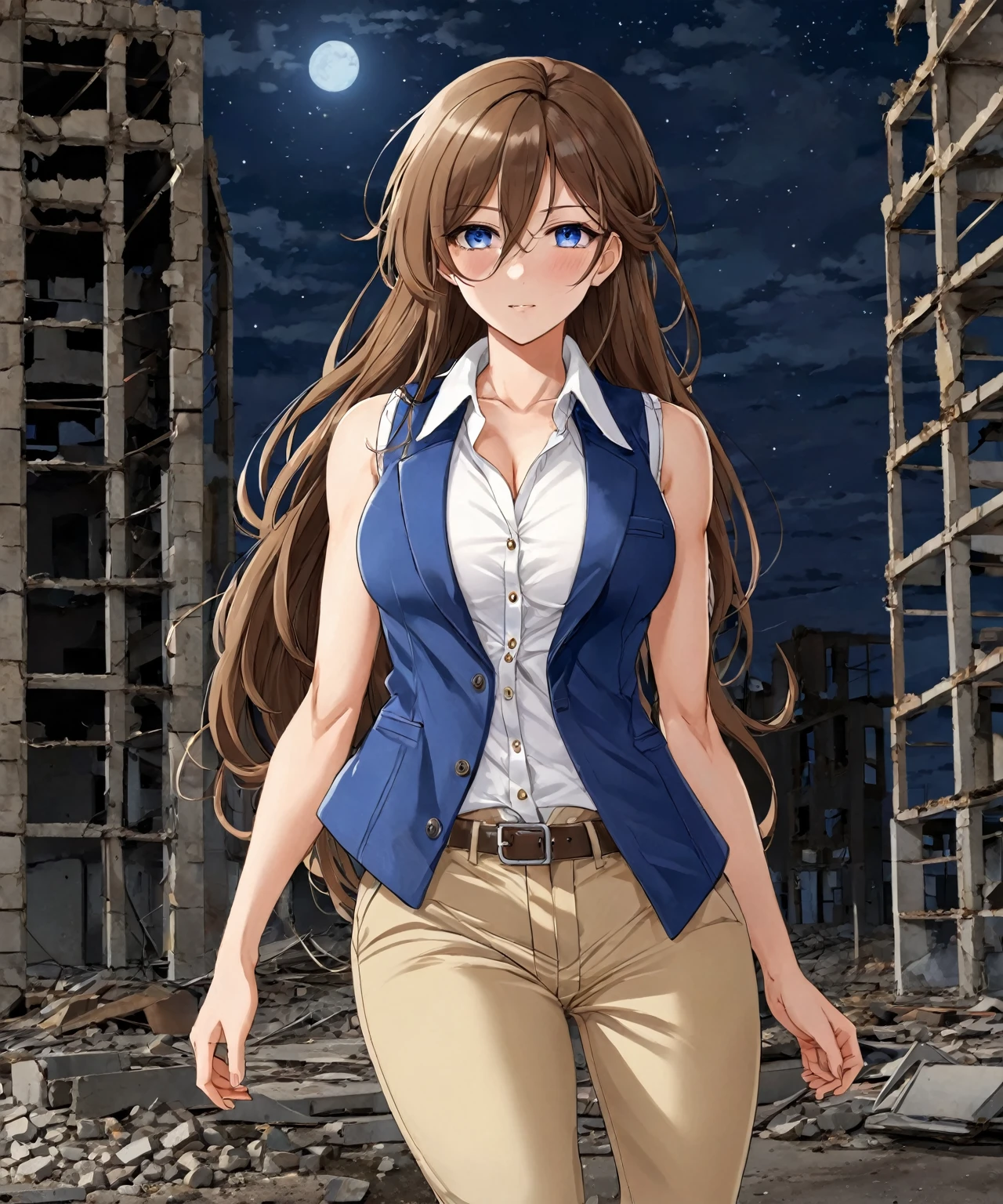 beautiful sexy anime girl with long brown hair & a muscular body, wearing white sleeveless button up collared shirt with a blue vest over it & beige khaki pants, in a abandoned urban construction site at night time, 1girl