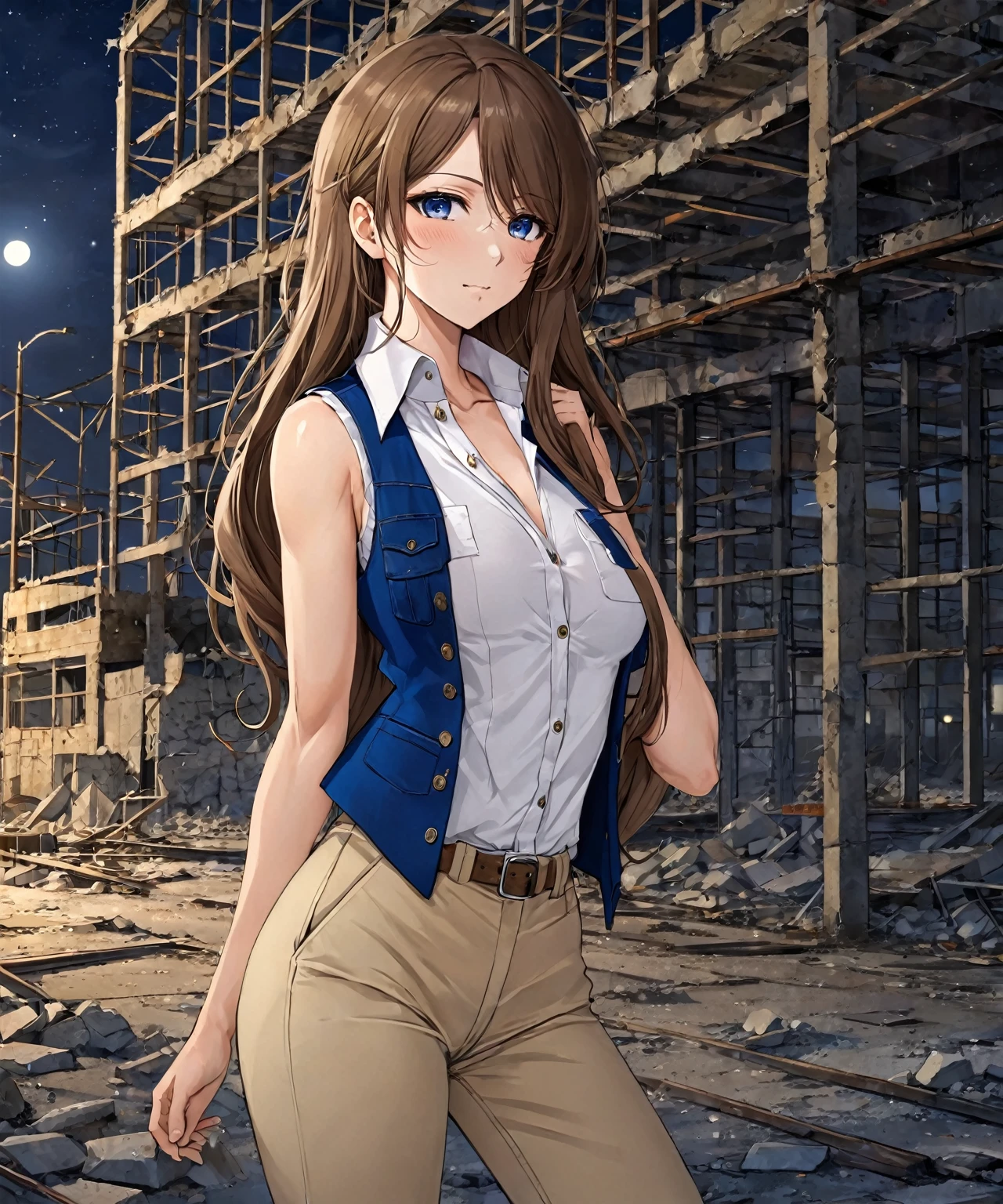 beautiful sexy anime girl with long brown hair & a muscular body, wearing white sleeveless button up collared shirt with a blue vest over it & beige khaki pants, in a abandoned urban construction site at night time, 1girl