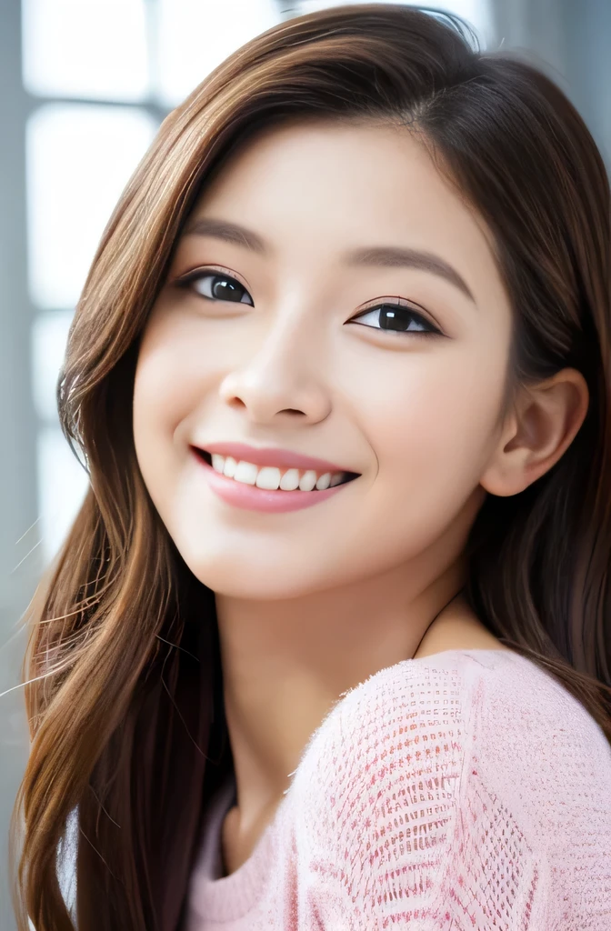 Beautiful woman with perfect eyes and nose、Model-like beauty、Cute like a model、Double Eyes、How to use regular mascara、Eye color is blue、Her hair color is pink.、Her face is delicate and elegant.、4K images、Beautiful style like a model、Usually large、A fresh and lovely smile、Overall image、Charming smile、Beautiful and delicate face like a model、highest quality、Masseter region、Beautiful smile、In a bright room、I'、The height of femininity、Adult smile、Sexy pose、Upper Body、erotic、Sexy 、