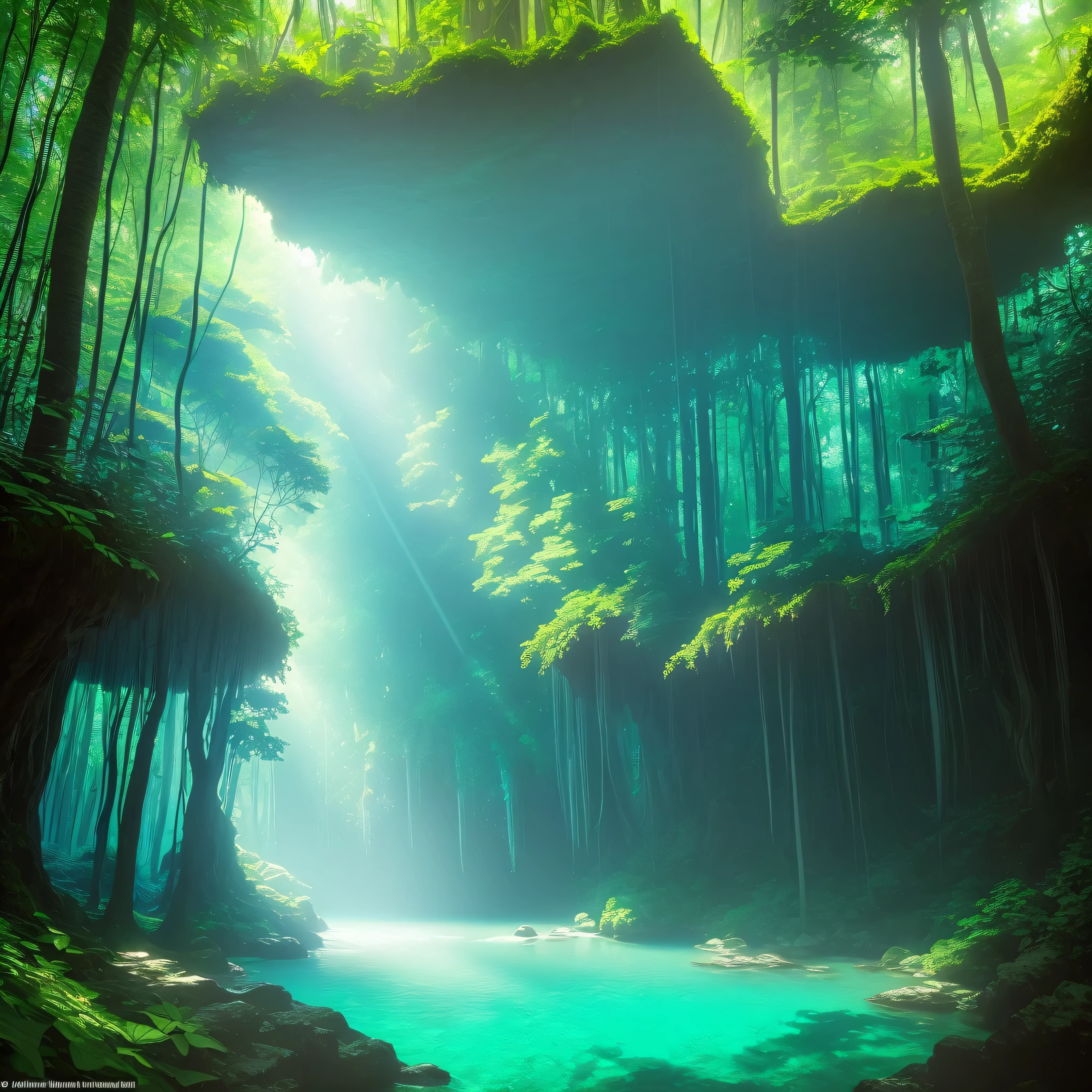 "A secluded forest grotto with clear, turquoise waters surrounded by lush, overhanging vegetation and sunlight streaming through gaps in the canopy."