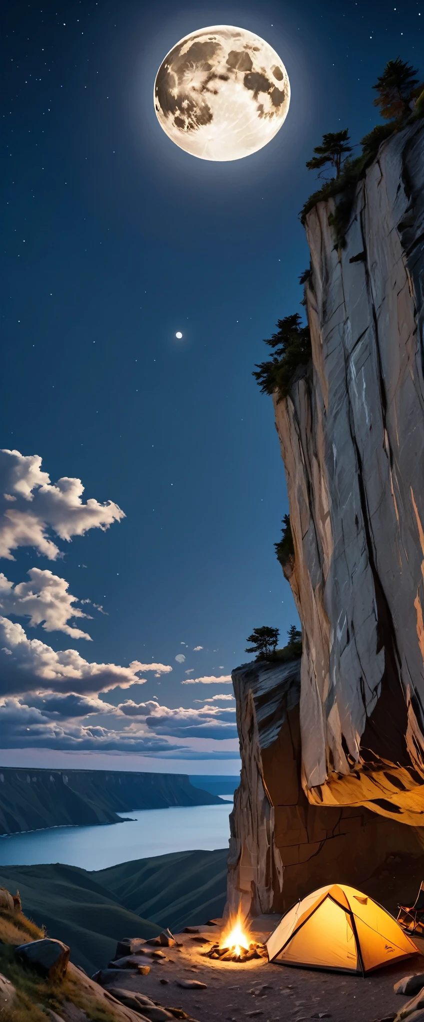 best quality, super fine, 16k, delicate and dynamic, sheer cliff, outdoor camping in a small corner in the middle of a sheer cliff, tent, bonfire, clouds below, big moon, night sky