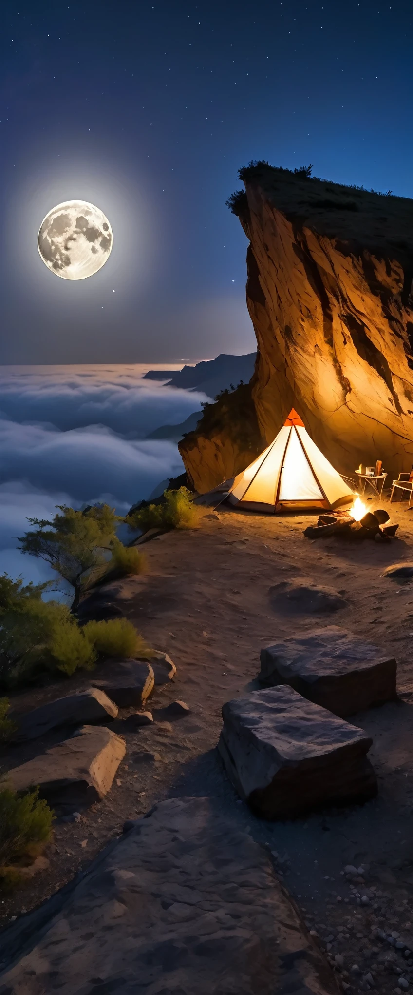 best quality, super fine, 16k, delicate and dynamic, sheer cliff, outdoor camping in a small corner in the middle of a sheer cliff, tent, bonfire, clouds below, big moon, night sky