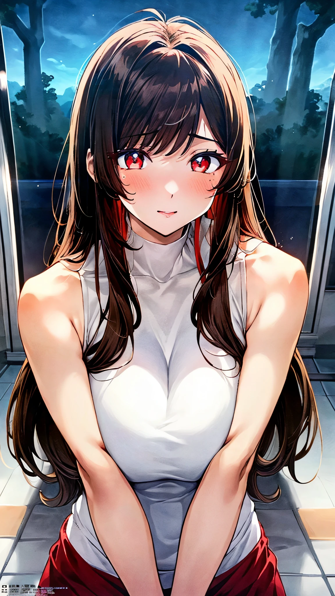 (perfect anatomy),(8k,masterpiece:2.0,megami magazine:1.4,best quality, ultra high resolution, ultra-detailed,beautiful illstration),(natural side lighting, movie lighting),nature,(two arms,two hands,two regs,five fingers),1 woman,20 years old,(long hair:1.8,dark brown hair,gleaming skin,red eyes,drooping eyes,big eyes,drunken eyes,beautiful detailed eyes),muscular,two huge breasts,sagging breasts,abs,