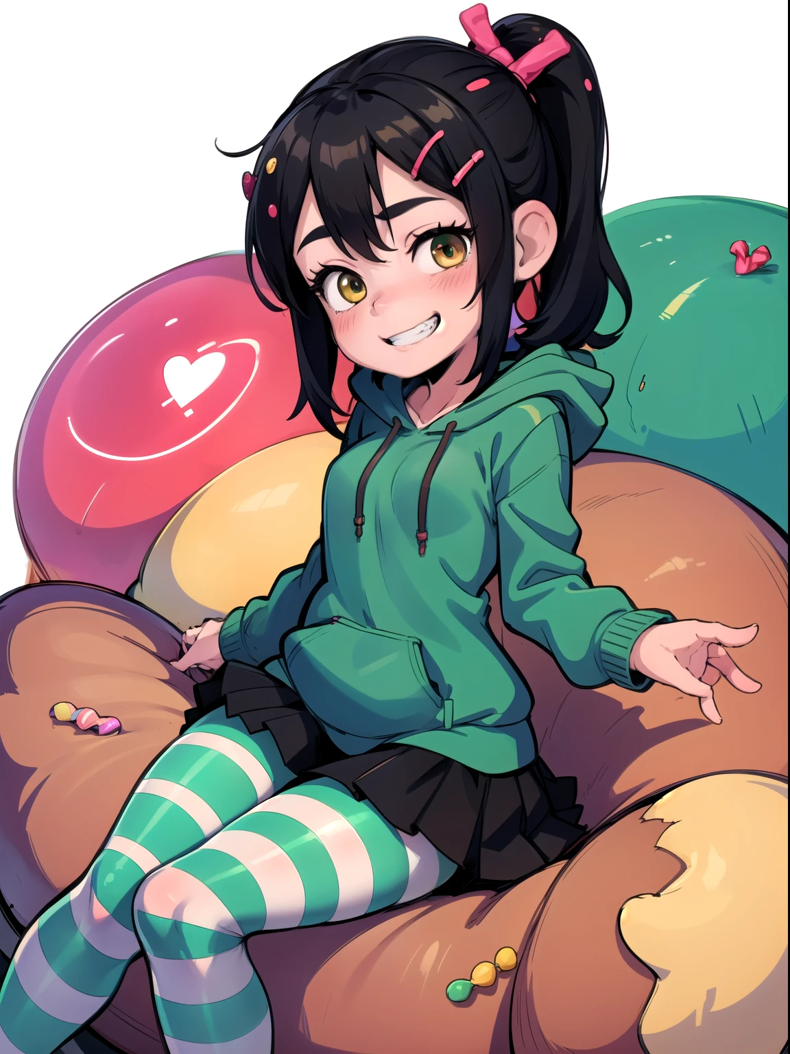 xyzvanellope, 1girl, beautiful, short, candy, solo, hair ornament, bow, striped, (li:1.6),green hoodie, grin, green, striped pantyhose, breasts, sitting,wide thighs 