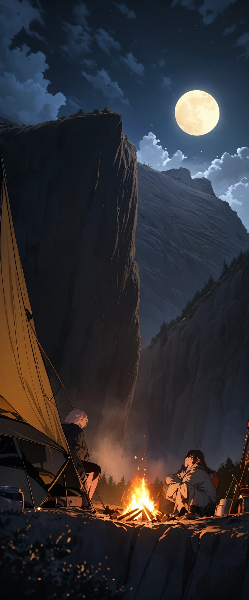 best quality, super fine, 16k, delicate and dynamic, sheer cliff, outdoor camping in a small corner in the middle of a sheer cliff, tent, bonfire, clouds below, big moon, night sky