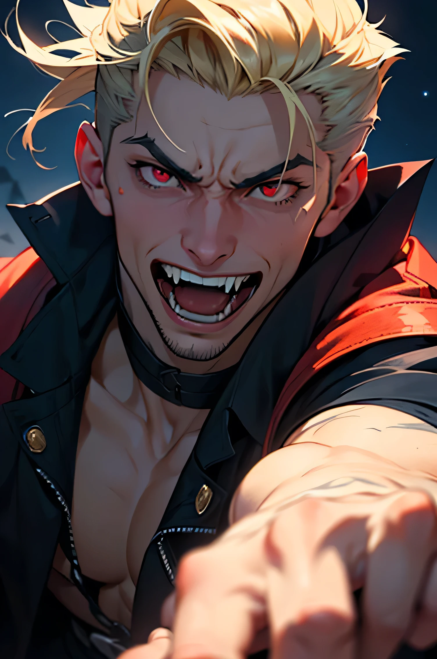 masterpiece, High quality, 1 person, young man, masterpiece, (Young handsome man), very beautiful, perfect face, expressive, crazy smile, close-up, shows teeth, fangs, a vampire, military, close-up, insane, dark, night, Cinematic, hot, bully, Red eyes, ((a vampire's fangs)), High quality, detailed portrait, dark, pumped up, A lot of muscles, strong, ((Brutal))