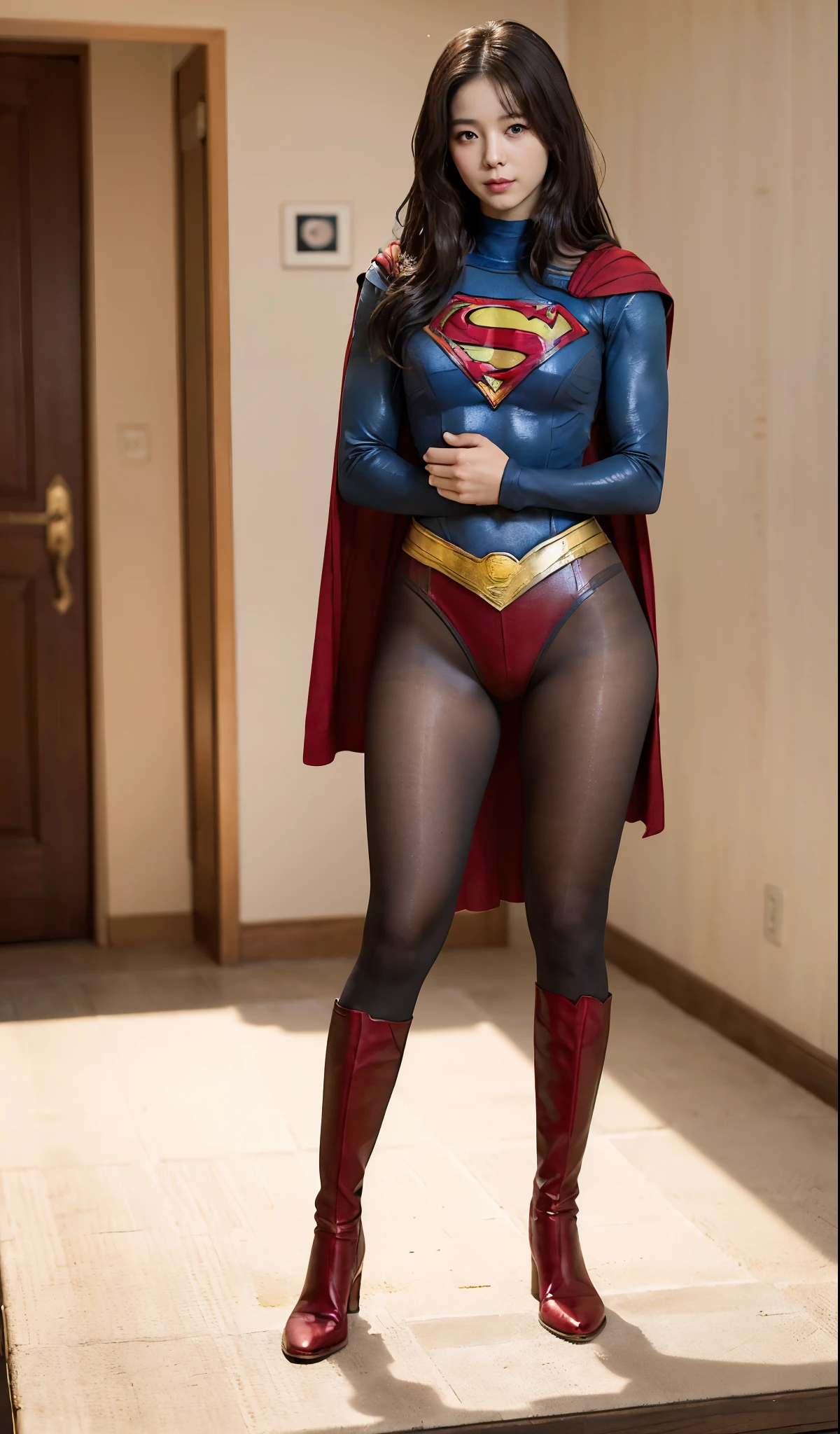 No background、(((Beautiful legs in black tights.)))、(((Legally express the beauty of your smile)))、((((Make the most of your original images)))、(((Body-hugging Supergirl costume)))、(((Supergirl Costume)))、(((Beautiful Hair)))、(((suffering)))、(((Please wear black tights....、Wear red boots)))、((Best image quality、8k))、((highest quality、8k、masterpiece:1.3))、(((Preserve background )))、Sharp focus:1.2、Beautiful woman with perfect figure:1.4、Slim Abs:1.2、Wet body:1.5、Highly detailed face and skin texture、8k