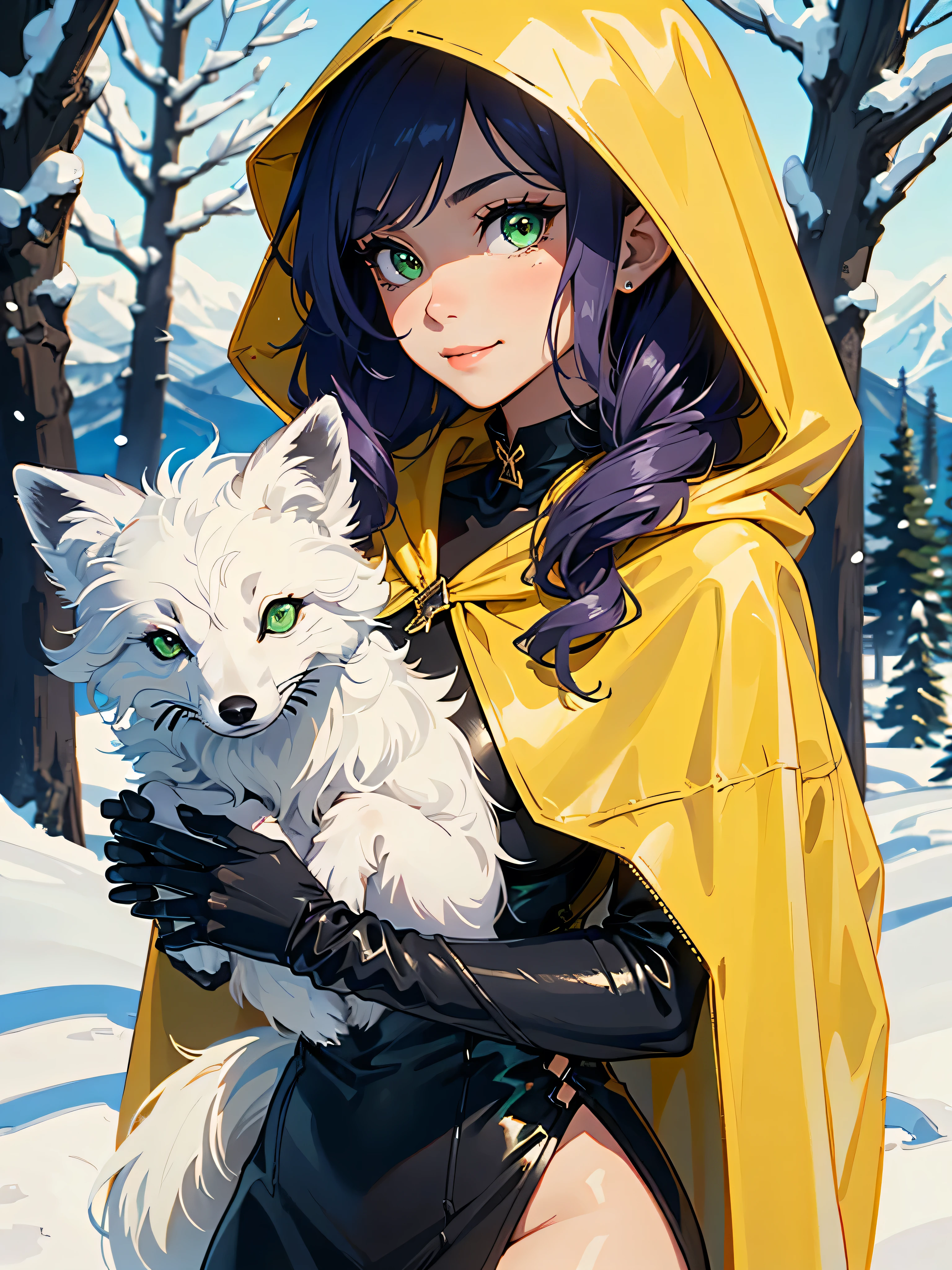 masterpiece, high quality, (1_woman), (upper body), (exotic skin_complexion), mature, smiling, grinning, beautiful, exotic, with long elf ears, (((looking away from the camera))), (((eyes looking away from viewer))), ((holding arctic fox)), (cute arctic fox), wearing (((yellow))) hooded cape), hood down, (((yellow cape))), broach, black choker, (thigh highs) with purple embroidery, long fingerless leather gloves, ((small breast)), chest window, black sleeveless dress, hip high slit dress, (bright purple hair), long hair, ((wavy hair)), realistic and detailed face having diamond shaped eyes, (((green eyes)), dark_eyeliner, long_eyelashes), natural dynamic lighting casts detailed shadows, black thigh highs, knee high dark brown boots, in snowy forest, mountains in the distance, sunny day, snow day,