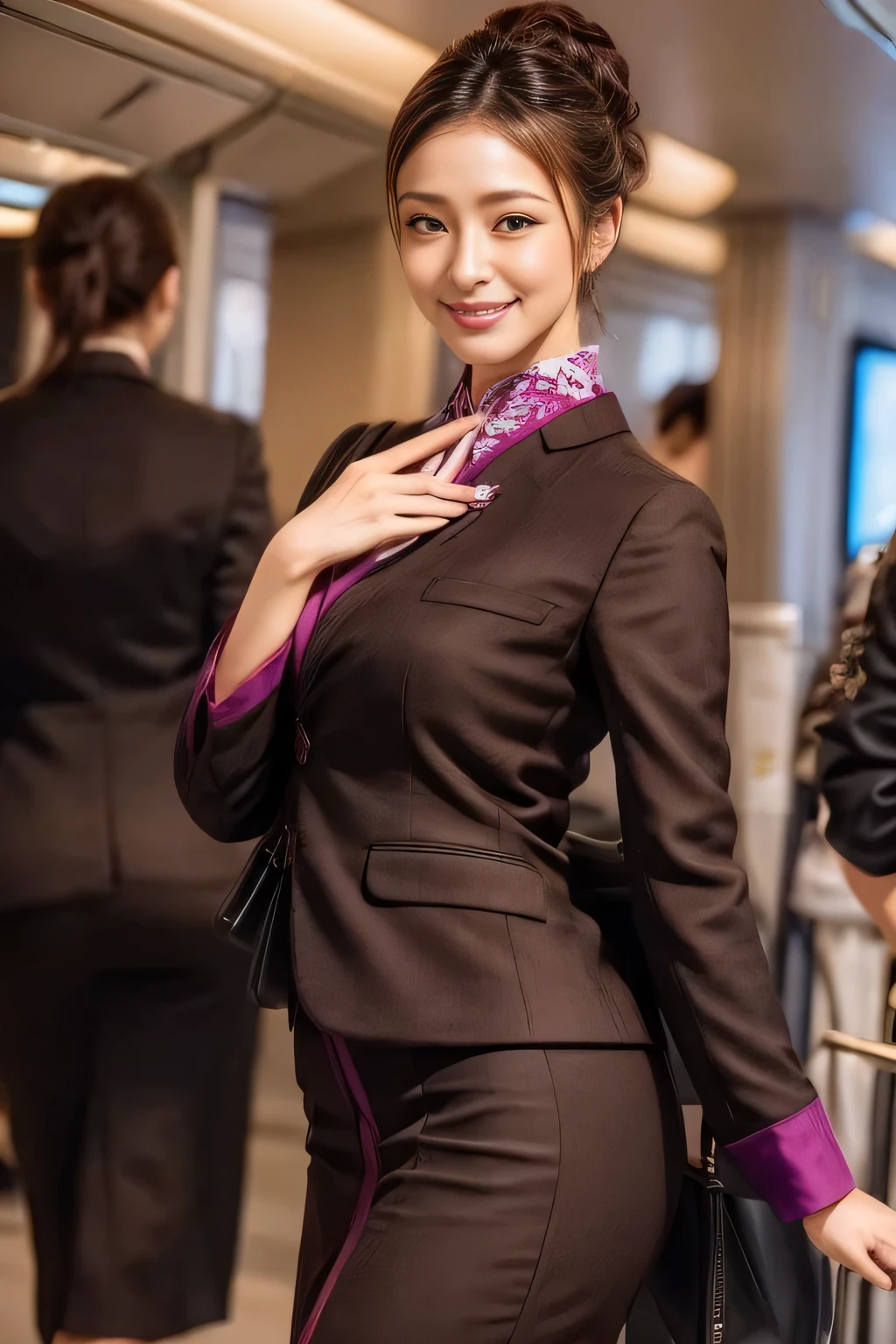 (masterpiece:1.2、highest quality:1.2)、32K HDR、High resolution、(alone、1 girl、Slim figure)、（A realistic reproduction of the ETIHAD Airways Cabincrew Uniform）、 (On board, Professional Lighting)、Background on board、A proper woman, Beautiful Face,、（Long sleeve ETIHAD Airways Cabincrew Uniform）、（ETIHAD Airways Cabincrew Uniform skirt with purple stripe on the front）、（scarf on chest）、Big Breasts、（Long Hair Up、Hair Bun）、Dark brown hair、Long Shot、（（Great hands：2.0））、（（Harmonious body proportions：1.5））、（（Normal limbs：2.0））、（（Normal finger：2.0））、（（Delicate eyes：2.0））、（（Normal eyes：2.0））)、Beautiful standing posture、smile、Place your hands around your stomach