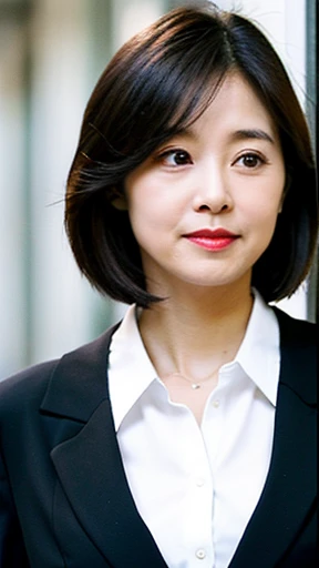 a woman wear a pair of glasses,suit,smile