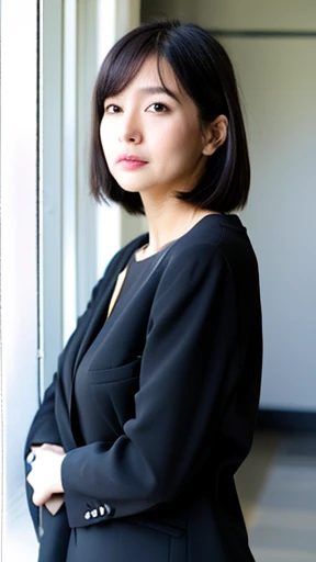 A neat and clean woman,Late 20s, Mature look,OL, Purely Japanese characteristics, A little plump, light makeup , Natural and realistic eyes, office, Black business suit, White skip-collar blouse, Black pumps