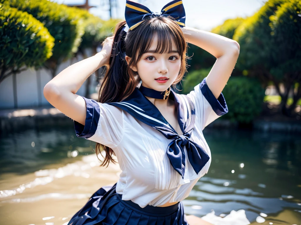 (((very heavy chest))),NSFW, 16k raw photos, highest quality, masterpiece, ultra high resolution, ((She is wearing Beautiful exposed redShe is wearing (a high school sailor uniform).
(navy sailor collar:1.4),(white shirt:1.4),(navy pleats skirt:1.4),(navy bow:1.4))).movie, ((2 girls, , 2 girls)),((attractive expression)),eyes shine、 looking at the viewer, natural skin texture very heavy chest))),((( metal black ribbon around the neck))).star handle mold、((yellow eyes)),Realistic eye and face details, lip whole, lipstick makeup), fluffy ponytail hair, laughter, Beautiful feet, tall woman, ((glowing skin)),((Beautiful armpit)), slim_feet, huge breasts, cleavage, beautiful natural places, beautiful flower garden、(detailed background,highly exposed, huge breasts, blurred background,, JK ribbon on the neck, jk ribbon, golden hair, bracelet, water, bangs, split your lips、armpit、beautiful hip line、glowing skin、(((eyes shine brightly))),lotion skin、High leg、((black hair)),highly exposed、Skimpy pink luxury fur coat、beautiful sea background、wind effect、