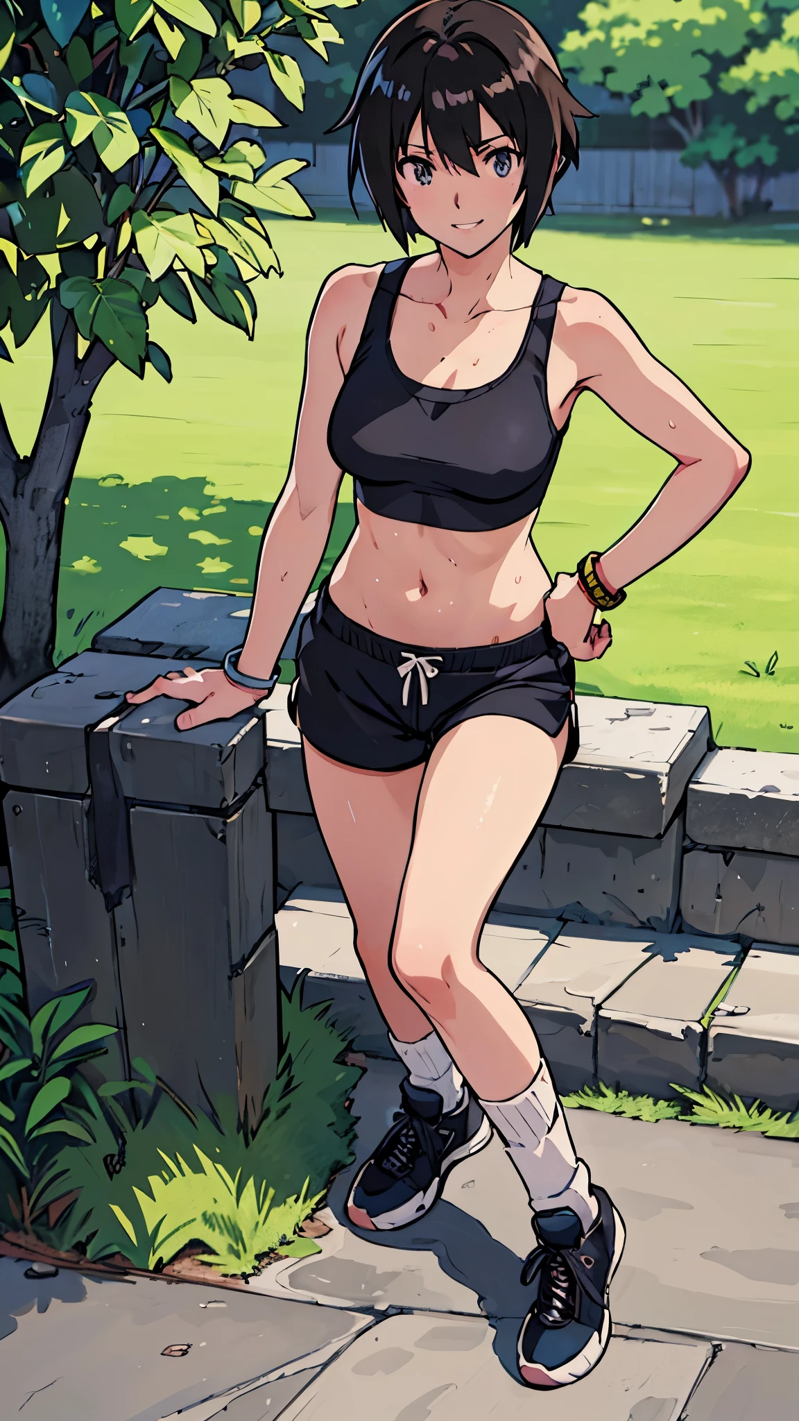 (Best Quality,4K,8K,hight resolution,masutepiece:1.2), Ultra-detailed, (Realistic,photoRealistic,photo-Realistic:1.37), meadow girl, ((Wearing sweat)),((grin)),hand on hip,((sports bra and shorts)), wristbands,((loose socks1.8)),((Black sneakers1.8)),Beautiful detailed eyes, Beautiful detailed lips, extremely detailed eye and face, long eyelashes, Realistic anime 3D style, Smooth Anime CG Art, Digital rendering by Makoto Shinkai, Moe Anime Art Style, photoRealistic rendering of an anime girl, Shinkai Makoto style, Cute anime girl visuals, Realistic young anime girl, girl fan art, Created by Anime Artist'studio of.
