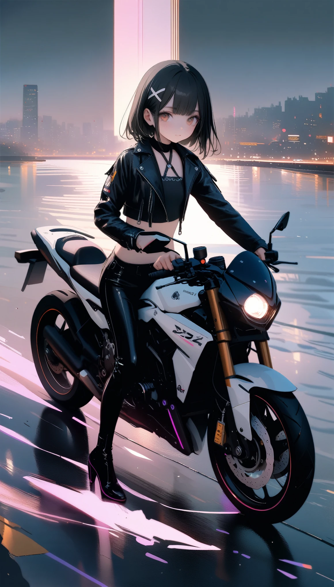 [artist:ningen_mame],[artist:sho_(sho_lwlw)],[artist:mignon],[artist:kedama milk],[artist:ask_(askzy)],artist:wanke,artist:wlop,artist:fujiyama,year 2024,8k,cyberpunk style,1girl,(Miyu Edelfelt),black hair,brown eyes,small chest,x hair ornament,Tight leather jacket and leather pants cover the whole body,High-heeled leather boots,(riding The Yangtze river, 750 motorcycle),Beautiful,Glowing special effects,celluloid style,Flat coating,HD,CG art,comics,8K,looking into camera,high quality,illustration,Vaporwave style,rim light,movie lighting,Super detailed,complex,OC renderer,cinematic perspective,high resolution