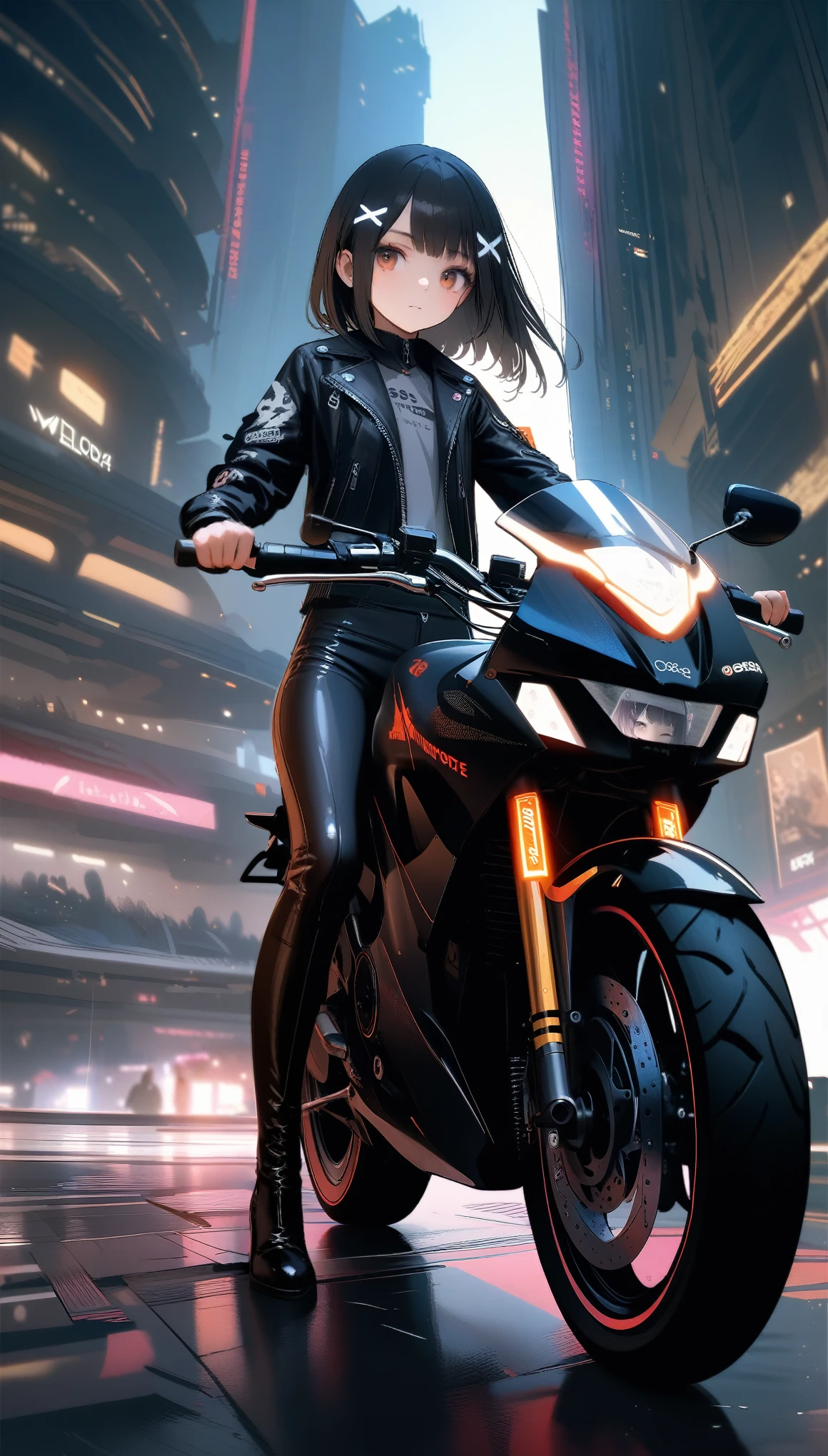 [artist:ningen_mame],[artist:sho_(sho_lwlw)],[artist:mignon],[artist:kedama milk],[artist:ask_(askzy)],artist:wanke,artist:wlop,artist:fujiyama,year 2024,8k,cyberpunk style,1girl,(Miyu Edelfelt),black hair,brown eyes,small chest,x hair ornament,Tight leather jacket and leather pants cover the whole body,High-heeled leather boots,(riding The Yangtze river, 750 motorcycle),Beautiful,Glowing special effects,celluloid style,Flat coating,HD,CG art,comics,8K,looking into camera,high quality,illustration,Vaporwave style,rim light,movie lighting,Super detailed,complex,OC renderer,cinematic perspective,high resolution