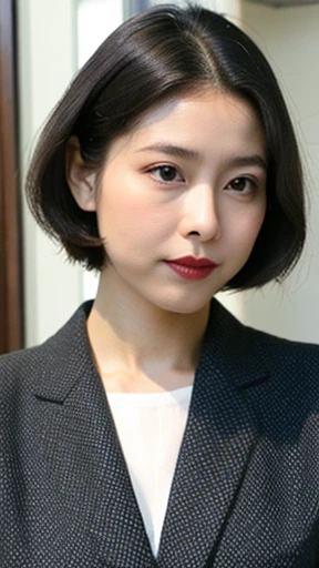 A neat and clean woman,Early 20s, Mature look,OL, Purely Japanese characteristics, A little plump, light makeup , Natural and realistic eyes, office, Black business suit, White skip-collar blouse, Black pumps