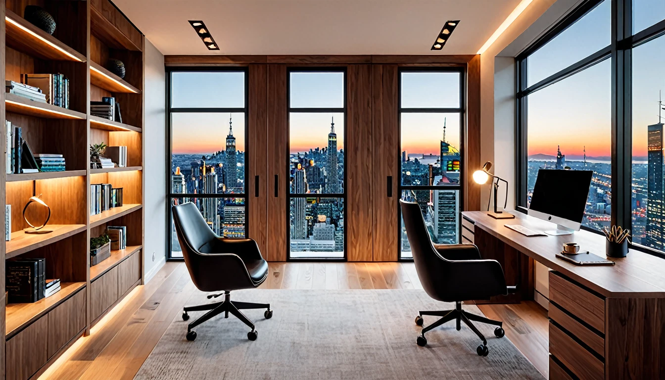 A modern, well-lit home office with a minimalist design. The back wall features a large window with a view of a cityscape, bringing in natural light. To the left, there is a sleek wooden door with a glass panel. The right side of the room has a stylish bookshelf with a few decorative items and books. The floor is wooden, matching the door. The lighting is warm and evenly distributed, giving a cozy and professional ambiance. Place the chair and desk setup in the center, ensuring the person sitting is positioned naturally within the scene.