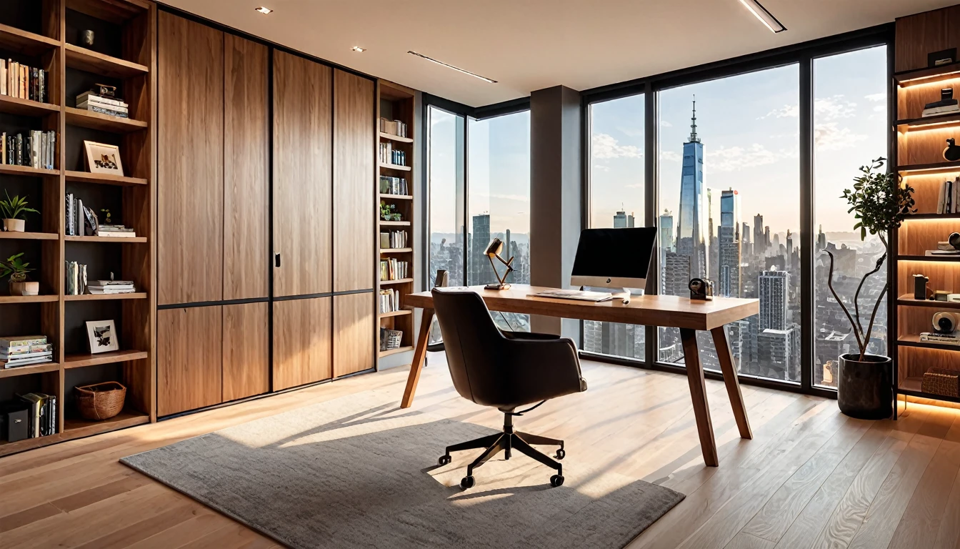 A modern, well-lit home office with a minimalist design. The back wall features a large window with a view of a cityscape, bringing in natural light. To the left, there is a sleek wooden door with a glass panel. The right side of the room has a stylish bookshelf with a few decorative items and books. The floor is wooden, matching the door. The lighting is warm and evenly distributed, giving a cozy and professional ambiance. Place the chair and desk setup in the center, ensuring the person sitting is positioned naturally within the scene.
