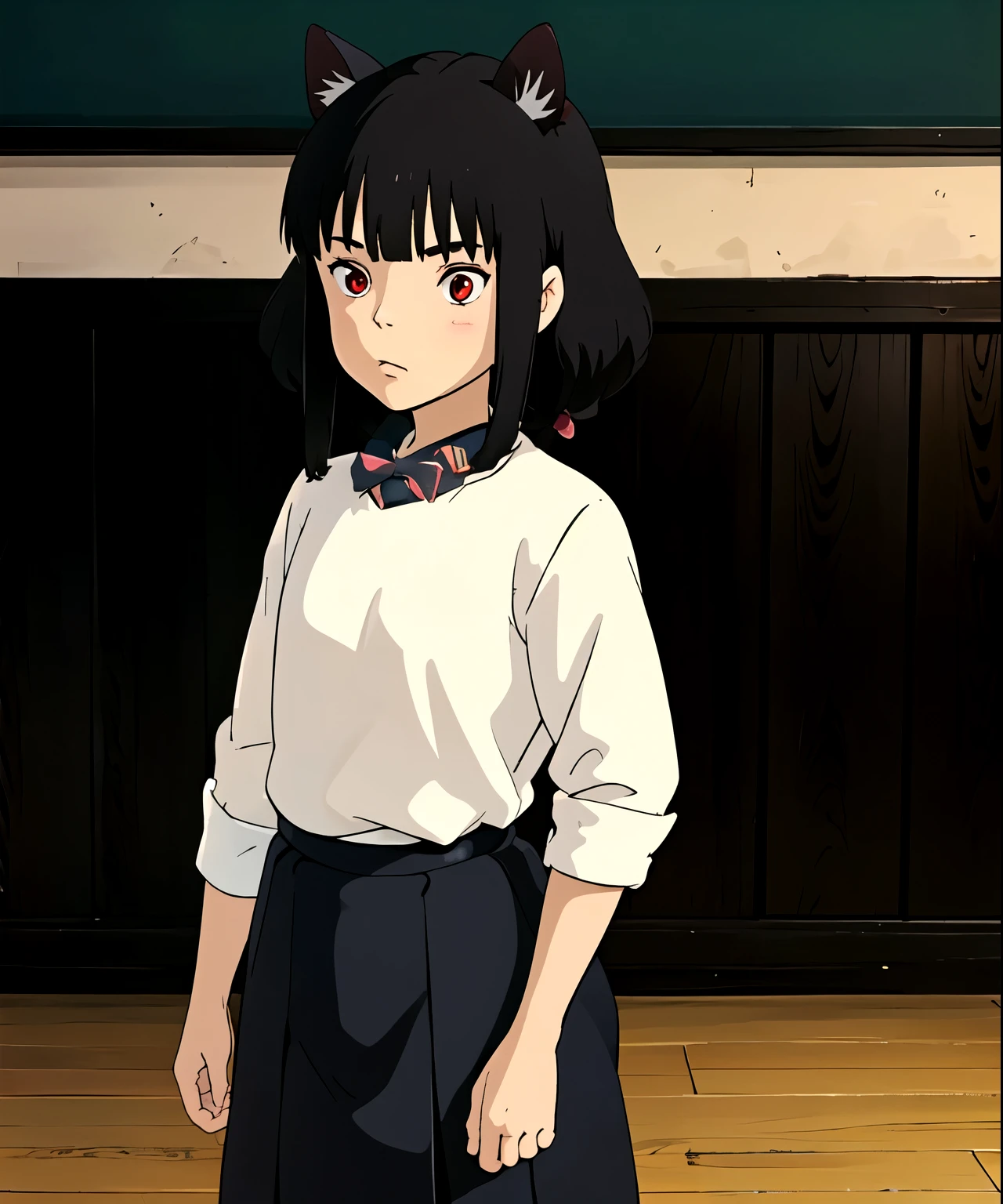 (junkotvv), (cabello largo color negro con orejas de gato y (ojos rojos)), de pie, mirando al espectador, in a class room, with blackboard and desks,(aula escolar),(Uniforme de secundaria japones), uniforme de marinerito, estilo ghibli, (ghibli style)