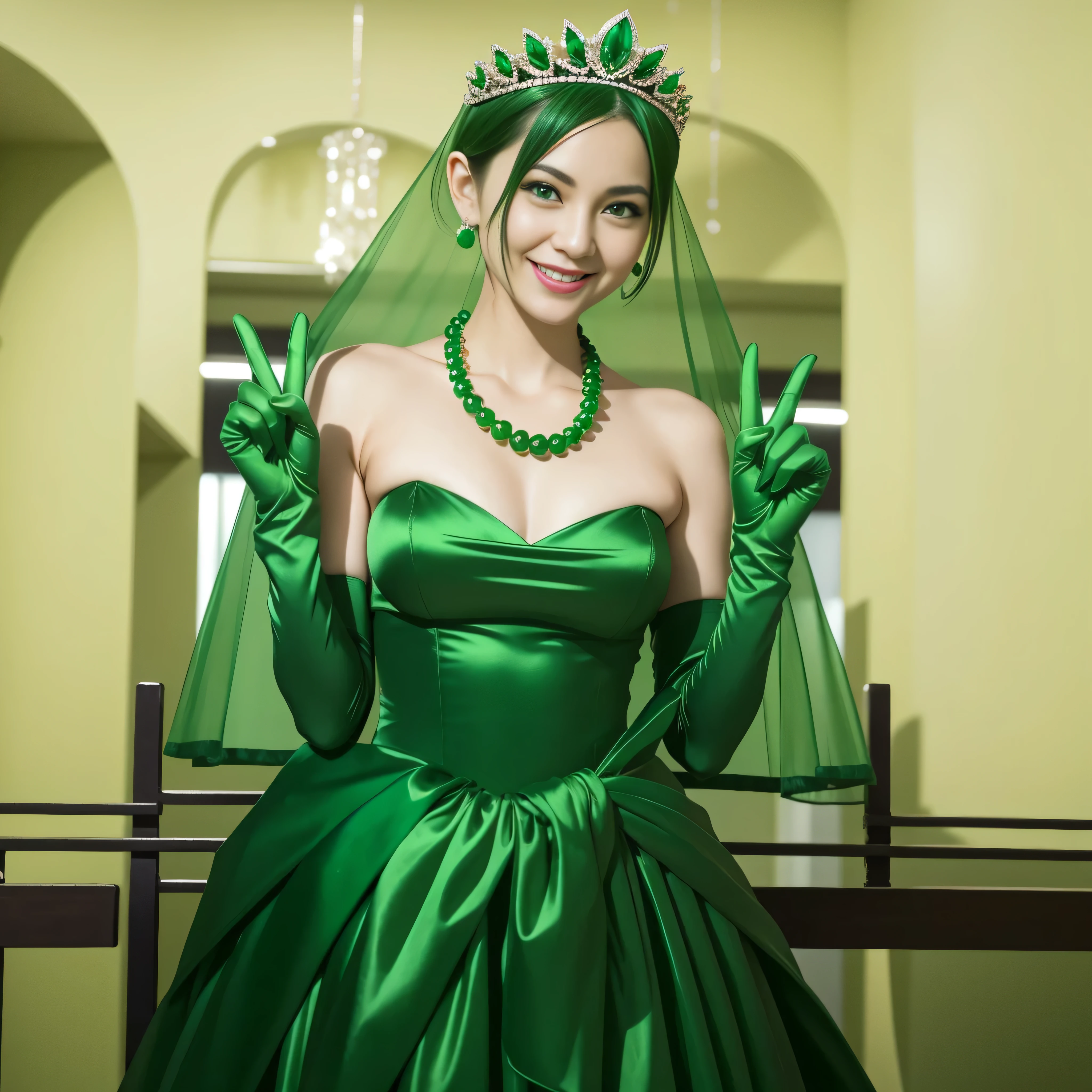 Emerald tiara, Green Pearl Necklace, Boyish very short green hair, lipstick, Smiling Japan woman in her 30s, Very short hair, Big and beautiful, Green Eyes, Long green satin gloves, Big Breasts, V sign, Emerald Earrings, Green veil