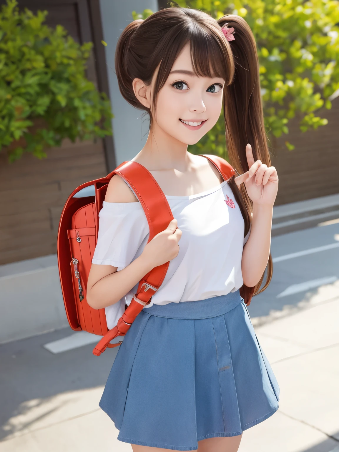 masterpiece, best quality, highres, realistic, 1girl, highschool girl, 17 y.o, long hair, one side up, solo, ponytail,brown hair, blue eyes, bare shoulders, pink shirt, floral print, short sleeves, off-shoulder shirt, frills, blue skirt, cowboy shot, smile,standing, fullbody, wear sandals, wearing orange backpack, (backpack:1.1)
