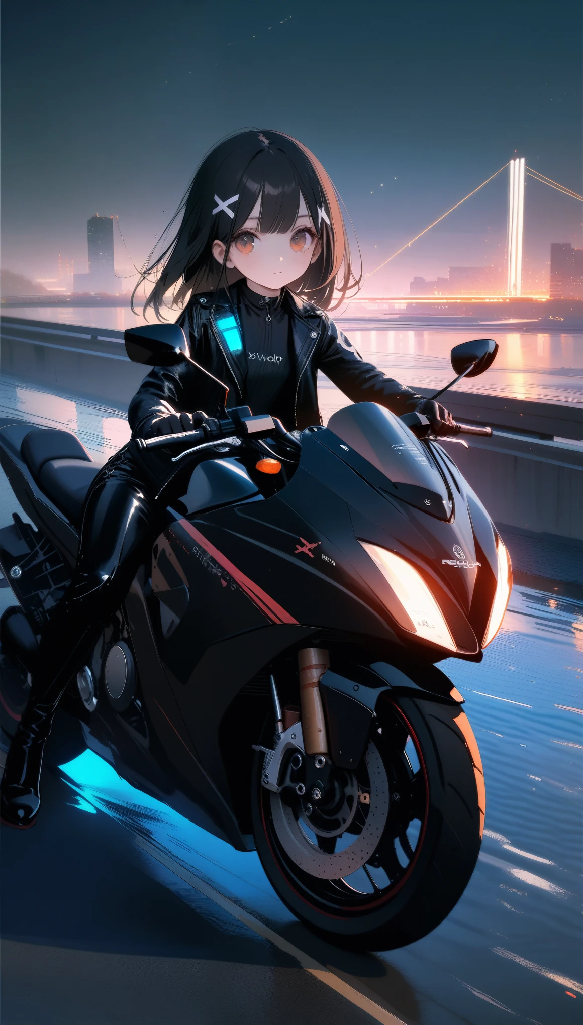 [artist:ningen_mame],[artist:sho_(sho_lwlw)],[artist:mignon],[artist:kedama milk],[artist:ask_(askzy)],artist:wanke,artist:wlop,artist:fujiyama,year 2024,8k,cyberpunk style,1girl,(Miyu Edelfelt),black hair,brown eyes,small chest,x hair ornament,Tight leather jacket and leather pants cover the whole body,High-heeled leather boots,(riding The Yangtze river, 750 motorcycle),Beautiful,Glowing special effects,celluloid style,Flat coating,HD,CG art,comics,8K,looking into camera,high quality,illustration,Vaporwave style,rim light,movie lighting,Super detailed,complex,OC renderer,cinematic perspective,high resolution