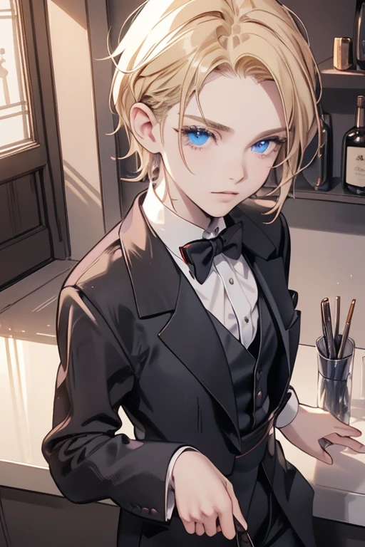 masterpiece, highest quality, 16k、High resolution, Cowboy Shot、Detailed face、Perfect Fingers、20-year-old woman、a beautiful woman dressed as a man 、blue eyes、Hanging eyes、blonde、short hair、Black tuxedo、Red bow tie、Black slacks、bar counter、Sit at the counter、Thugs in suits