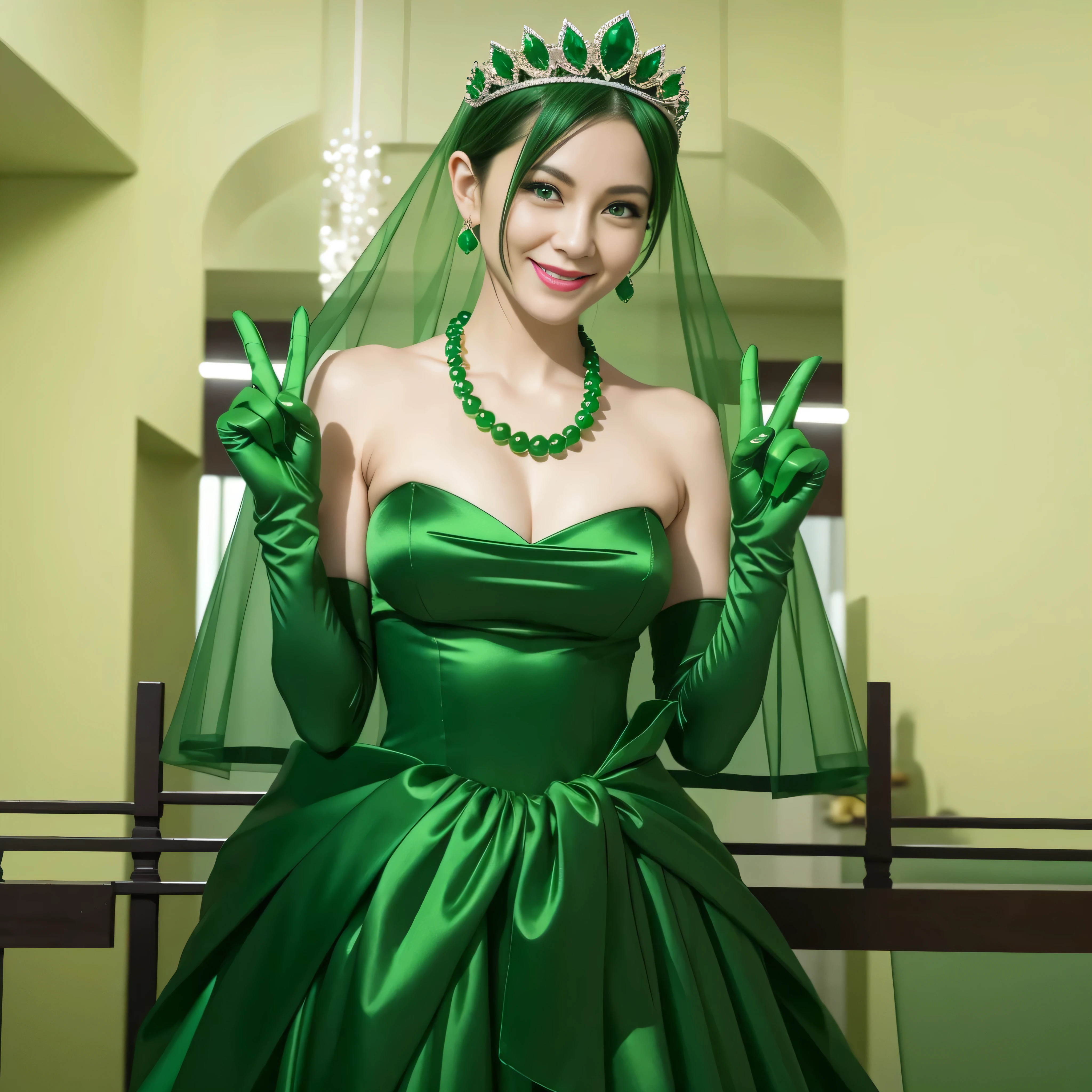 Emerald tiara, Green Pearl Necklace, Boyish very short green hair, lipstick, Smiling Japan woman in her 30s, Very short hair, Big and beautiful, Green Eyes, Long green satin gloves, Big Breasts, V sign, Emerald Earrings, Green veil
