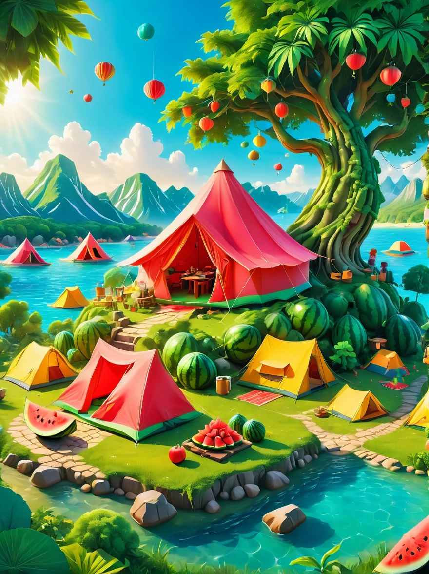 3D miniature scene，Summer，Island，(Campsites and tents:1.5)，Under the big tree，Neatly arranged goods，Children eating watermelon，happy，Vibrant colors，Bold color scheme，Miniature landscape with sky as background，Dreamlike realistic scene，All rendered with wide-angle lenses and depth of field，Create a paper art illustration style with axial shift photography effects and ultra-sharp details，Bright colors，The color scheme is bold