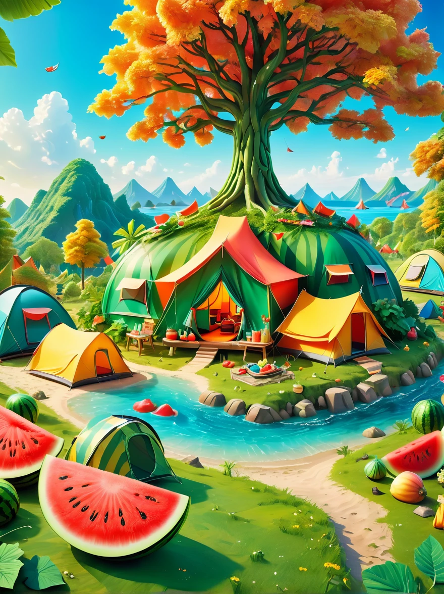 3D miniature scene，Summer，Island，(Campsites and tents:1.5)，Under the big tree，Neatly arranged goods，Children eating watermelon，happy，Vibrant colors，Bold color scheme，Miniature landscape with sky as background，Dreamlike realistic scene，All rendered with wide-angle lenses and depth of field，Create a paper art illustration style with axial shift photography effects and ultra-sharp details，Bright colors，The color scheme is bold