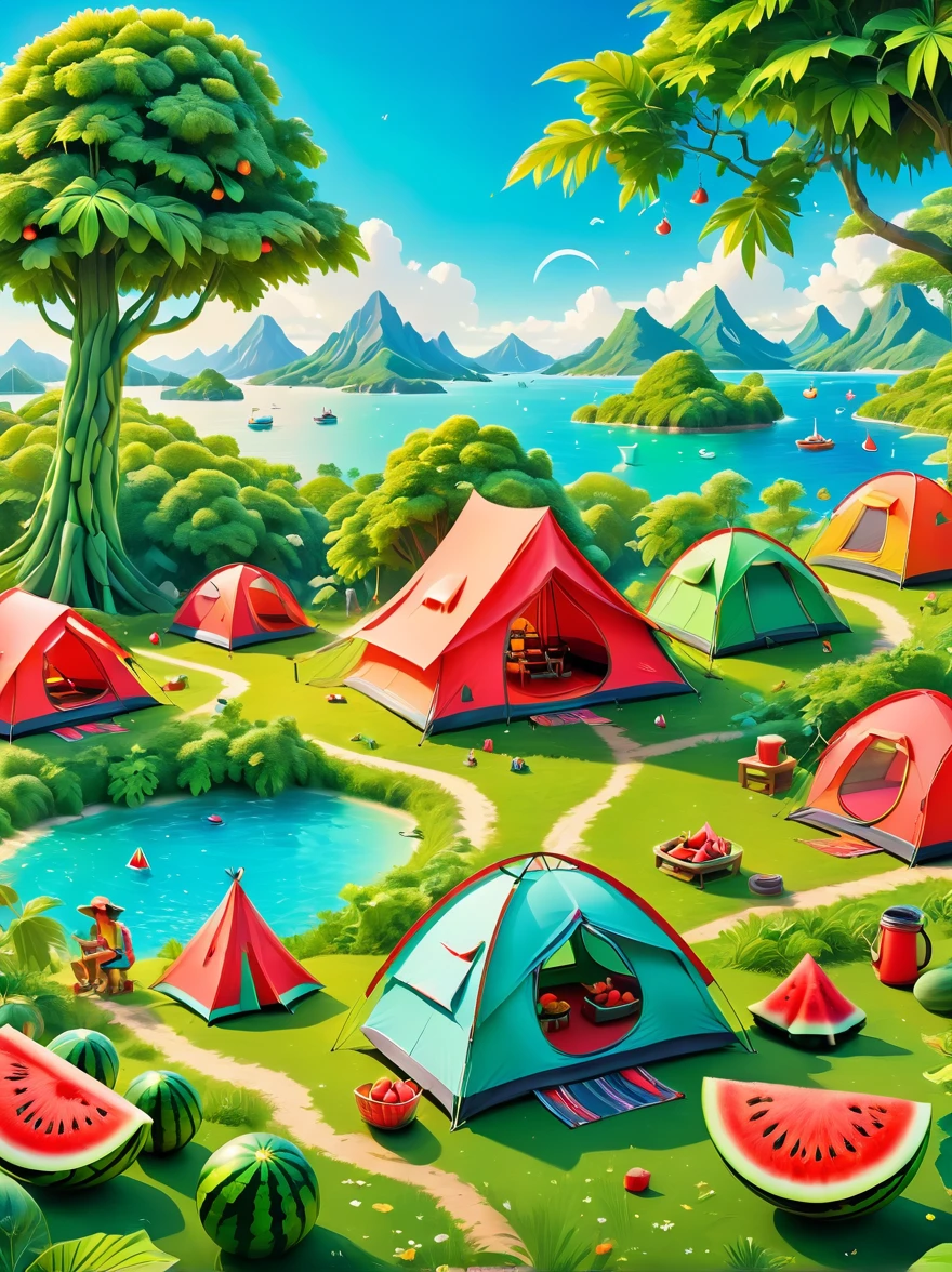 3D miniature scene，Summer，Island，(Campsites and tents:1.5)，Under the big tree，Neatly arranged goods，Children eating watermelon，happy，Vibrant colors，Bold color scheme，Miniature landscape with sky as background，Dreamlike realistic scene，All rendered with wide-angle lenses and depth of field，Create a paper art illustration style with axial shift photography effects and ultra-sharp details，Bright colors，The color scheme is bold