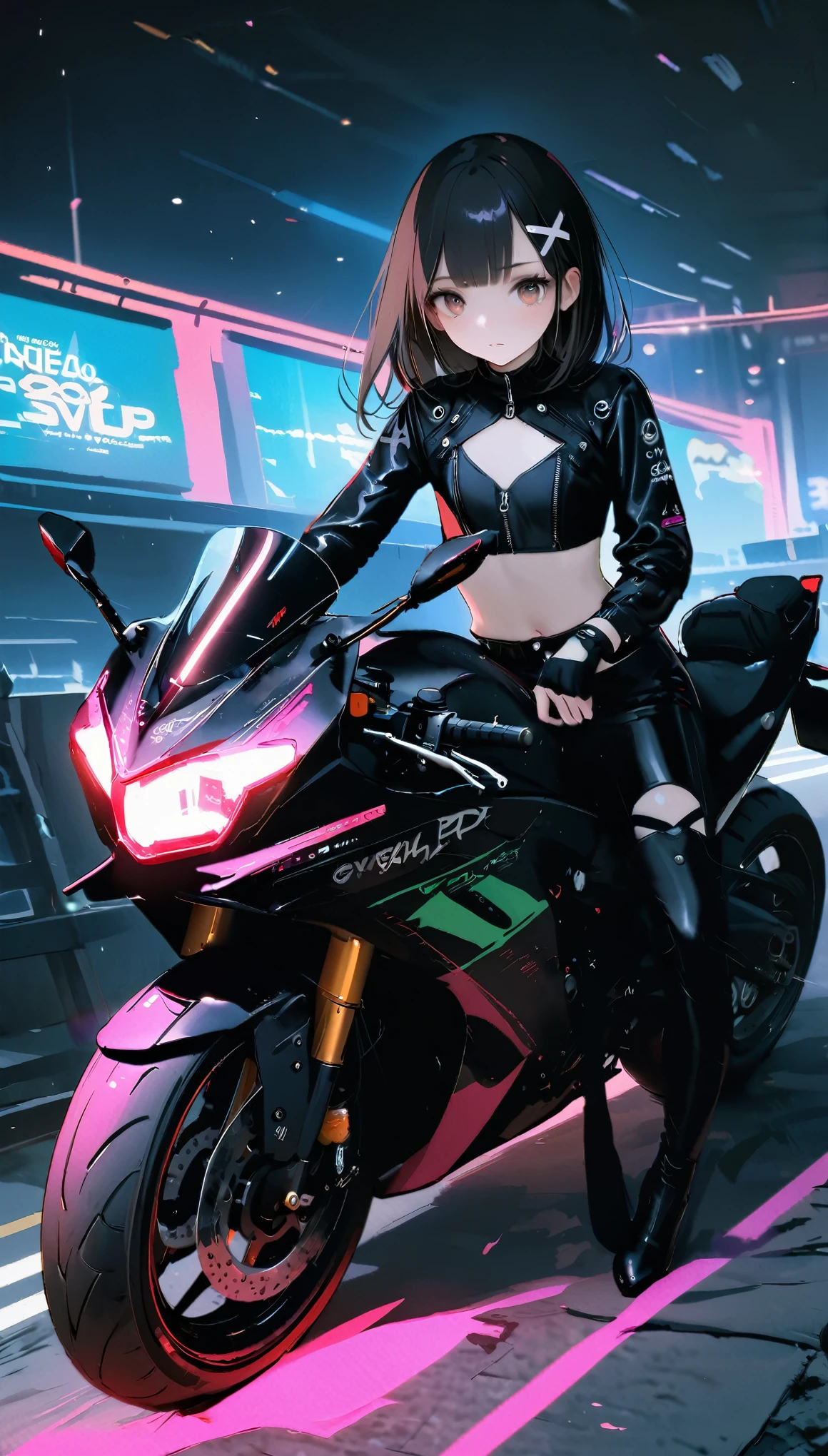 [artist:ningen_mame],[artist:sho_(sho_lwlw)],[artist:mignon],[artist:kedama milk],[artist:ask_(askzy)],artist:wanke,artist:wlop,artist:fujiyama,year 2024,8k,cyberpunk style,1girl,(Miyu Edelfelt),black hair,brown eyes,small chest,x hair ornament,Tight leather jacket and leather pants cover the whole body,High-heeled leather boots,(riding Kawasaki Ninja 250 ABS motorcycle),Beautiful,Glowing special effects,celluloid style,Flat coating,HD,CG art,comics,8K,looking into camera,high quality,illustration,Vaporwave style,rim light,movie lighting,Super detailed,complex,OC renderer,cinematic perspective,high resolution