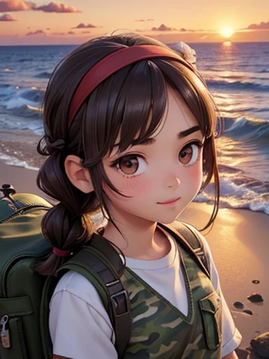 illustration, masterpiece, top quality、a high resolution、detailed background、(Beautiful face in every detail:1.4)、Anatomically correct、(Draw the usual number of fingers:1.2)、(detailed facial expressions)、(Detailed eyes:1.2)、(detailed brown eyes:1.2)、Beautiful, smooth skin、Teenage beauty、(Very detailed face:1.4)、Cute brown hair color、very tousled semi-long brown tousled hair braided into a ponytail、well-groomed eyebrows、 In a joking manner、Do cute things、Sunny autumn mountain、big smile、In beautiful natural landscapes、Breathtaking natural scenery、Fit on one screen、
(Absolutely identical guy and girl (twins) against the backdrop of sunset on the sea:1.5)、
Both are wearing camouflage T-shirts, military trousers with patch pockets and massive high infantry boots, backpack, Accentuate your look with a headband..
