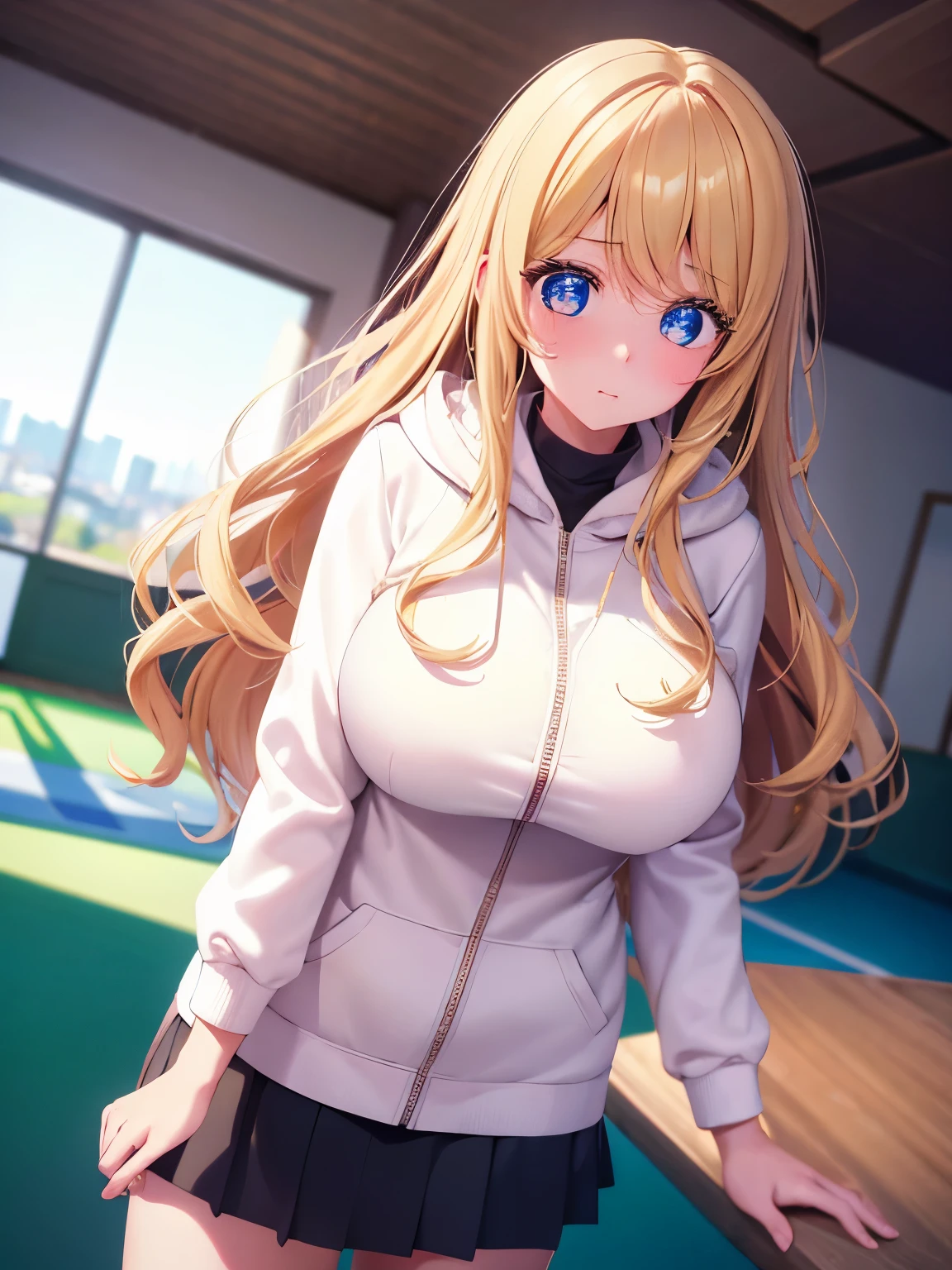 1woman,super beautiful,Standing,blush,tired expression, close up photo,Beautiful eyes, very detailed face,cute, tennis skirt,HD face, perfect face, white hoodie,long hoodie,black mini skirt,Very big breasts,Blonde hair,long hair,wavy haie,bangs,blue eyes,ultra detail,ultra Hd, masterpiece,4k