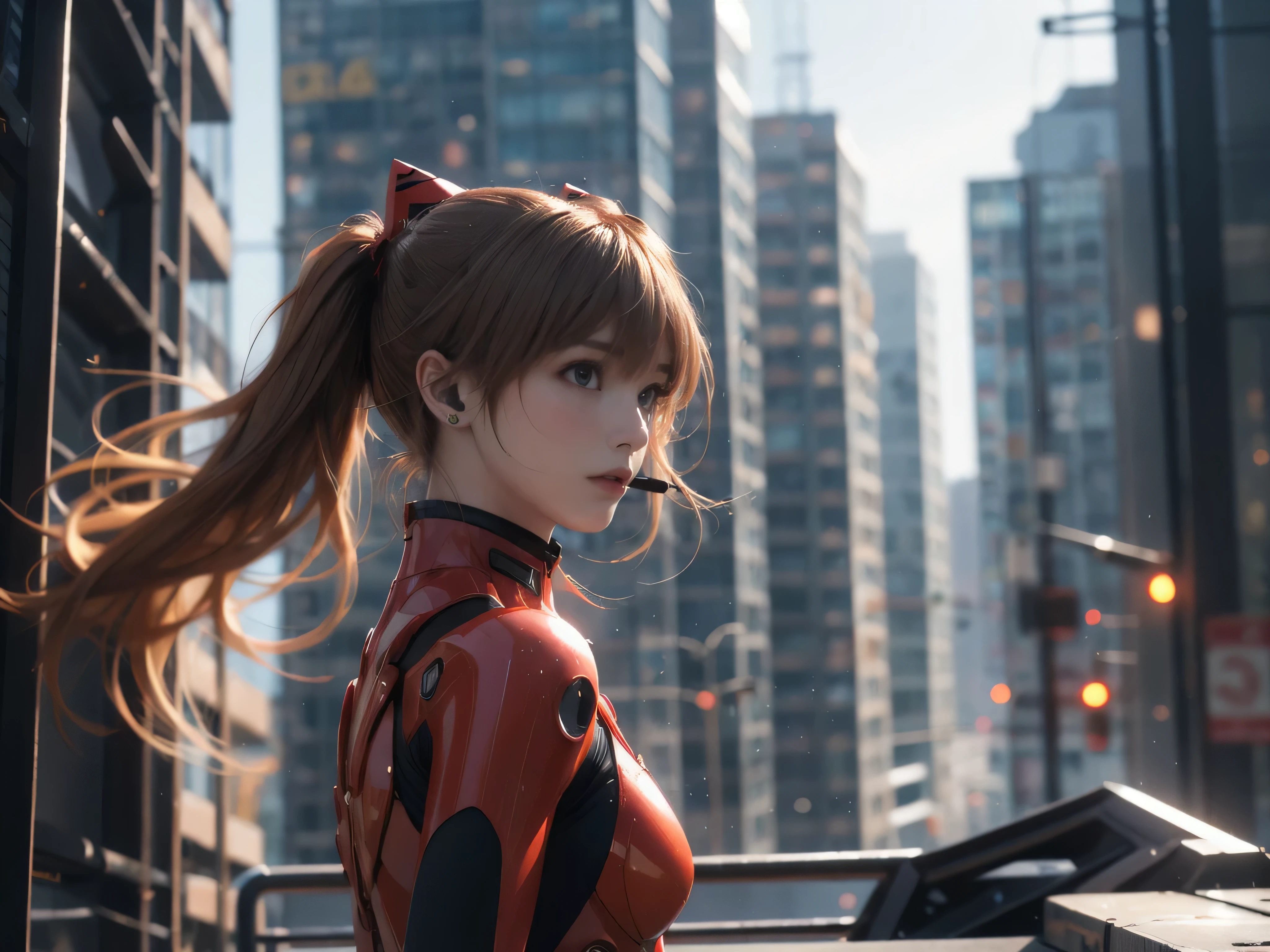 1girl, tank, cyber punk, Double Exposure, City Settings, (headset), Overlooking, Asuka Langley Soryu