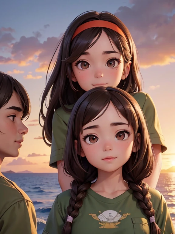 book cover, Masterpiece illustration, top quality、a high resolution、detailed background、(Beautiful face in every detail:1.4)、Anatomically correct、(Draw the usual number of fingers:1.2)、(detailed facial expressions)、(Detailed eyes:1.2)、(detailed brown eyes:1.2)、Beautiful, smooth skin、age beauty、(Very detailed face:1.4)、Cute brown hair color、very tousled semi-long brown tousled hair braided into a ponytail、well-groomed eyebrows、 In a joking manner、Do cute things、Sunny autumn mountain、big smile、In beautiful natural landscapes、Breathtaking natural scenery、Fit on one screen、
(Absolutely identical guy and girl (twins) against the backdrop of sunset on the sea:1.5)、
Both are wearing camouflage T-shirts, military trousers with patch pockets and massive high infantry boots, backpack, Accentuate your look with a headband..
