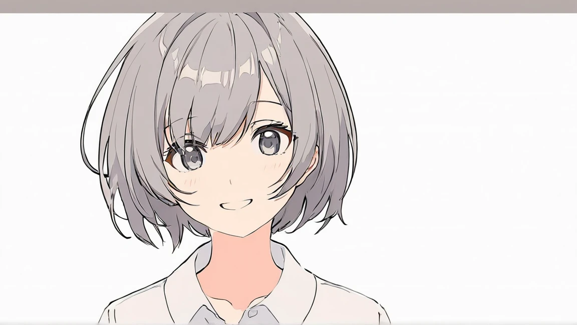 masterpiece,highest quality,One Girl, 一人in, upper_body, smile, gray_eye, Ahoge, 前hair, short_hair, eyebrow_appear_Through_hair, white_shirt, Looking_in_audience, Simple_background, white_background