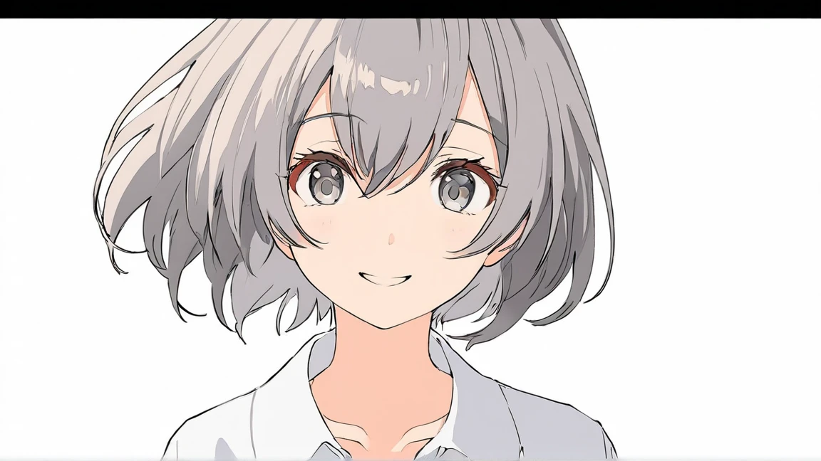 masterpiece,highest quality,One Girl, 一人in, upper_body, smile, gray_eye, Ahoge, 前hair, short_hair, eyebrow_appear_Through_hair, white_shirt, Looking_in_audience, Simple_background, white_background