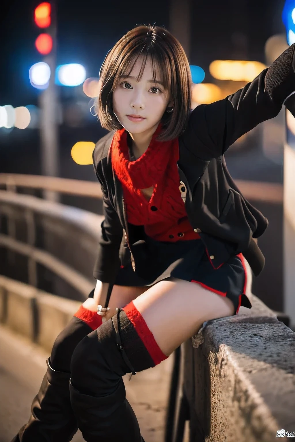 (Climbing the hills of the city、18-year-old female:1.5)、(A little tired face:1.2)、(The best quality at its best:1.4), (Super detailed), (Very detailed CG unified 16k), Beautiful woman with perfect figure: 1.4, Sharp focus: 1.2, Very detailed, High-quality RAW color photos, Professional photography, Great face and eyes, cosmetics, (Amazingly beautiful girl), ((Black jacket、Red Sweater、Black mini skirt、Black Stockings、Black boots:1.5)), Sexy posture,(View from below), Realistic movie faces, Full body long view from head to toe, Realistic, ((Realistic natural orange red hairstyle, Realistic blue eyes)), ( Short Bob Hair:1.5), (necklace:1.5)、, Very beautiful face, Perfect model beauty, Mouth swelling, Highly detailed face and skin texture, Fine grain, double eyelid, Medium chest, smile, (masterpiece), highest quality, High resolution, Very detailed, Blurred Background, Depth of written boundary, Cinema Lighting, Great legs, , Clear, well-maintained skin,
