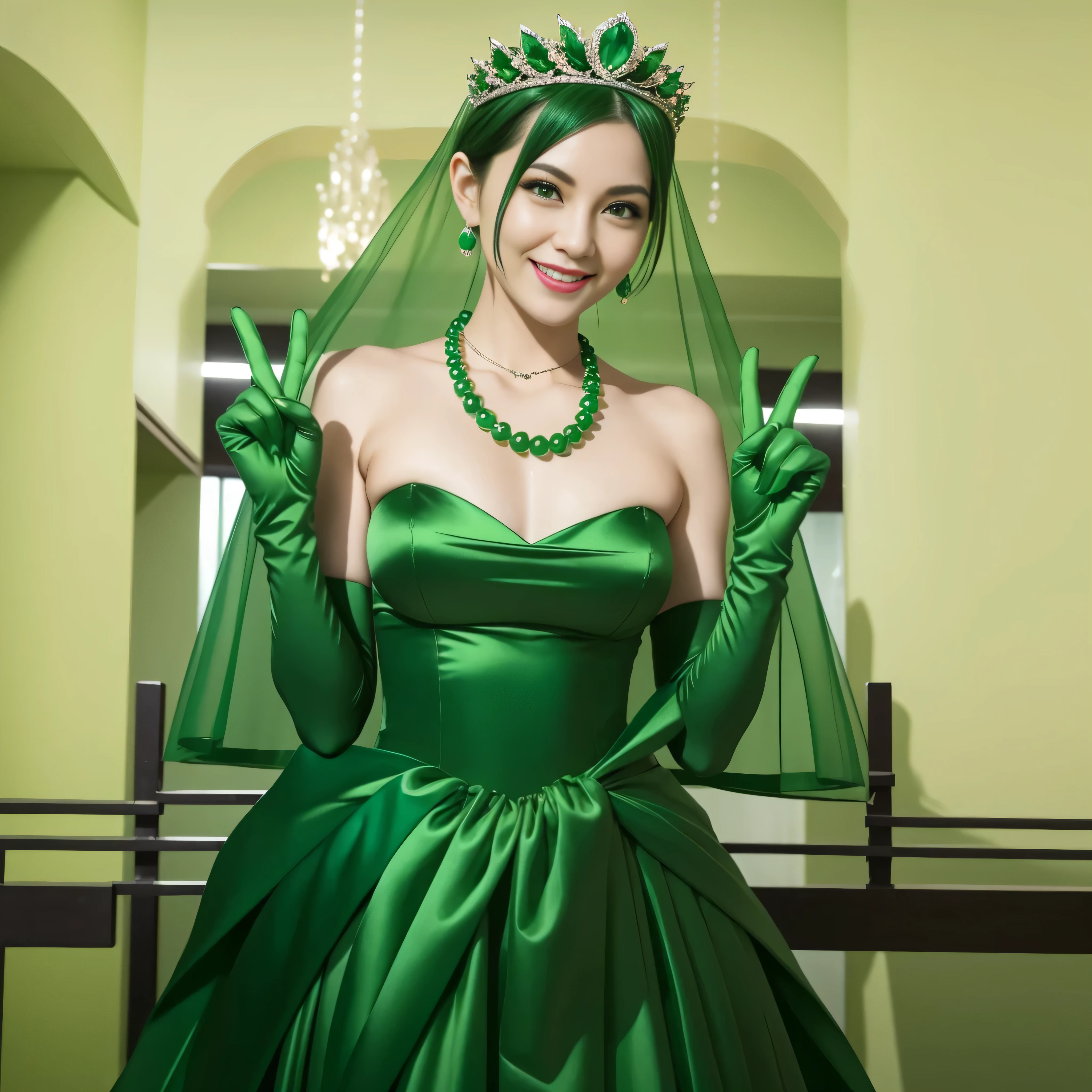 Emerald tiara, Green Pearl Necklace, Boyish very short green hair, lipstick, Smiling Japan woman in her 30s, Very short hair, Big and beautiful, Green Eyes, Long green satin gloves, Big Breasts, V sign, Emerald Earrings, Green veil
