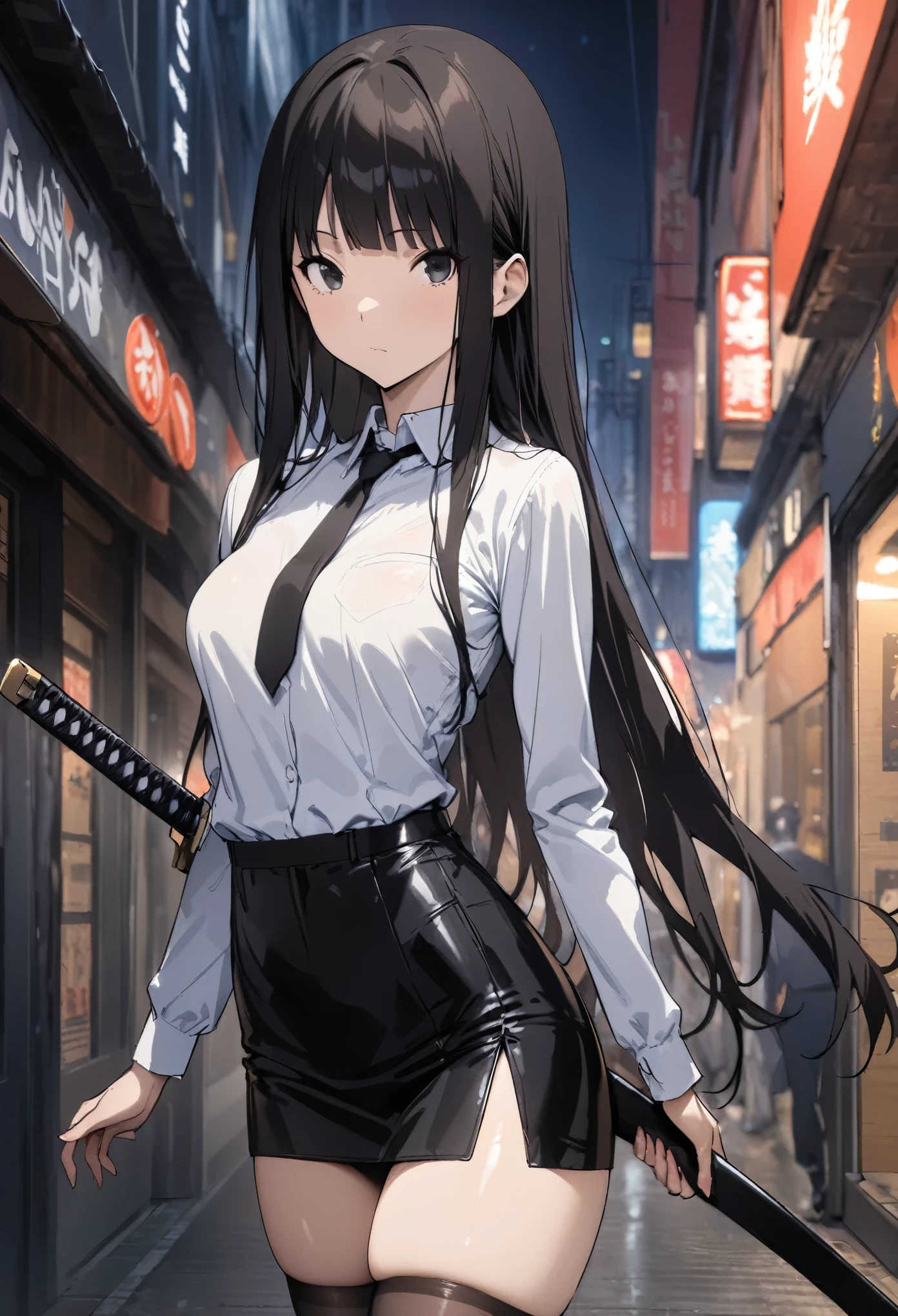 ((masterpiece, highest quality:1.3)),cowboy shot,25 year old beauty,solo,very small head,black hair,long hair,black eyes,blunt,skinny,medium breasts,long body,slender body,skinny,shiny skin,oily skin,Expressionless、Black tie、Long sleeve formal shirt、Black tight mini skirt、black_thighhighs、Japanese sword in its sheath、carry a Japanese sword、Shibuya Station、neon、at night、