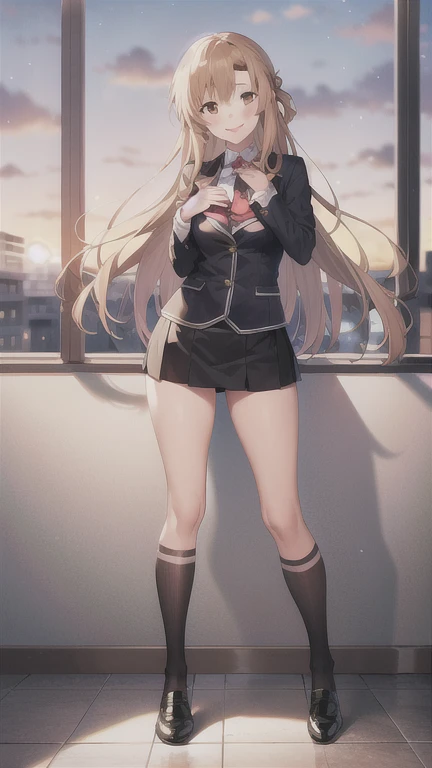 Asuna Yuuki, Sword art online, 1girl, (sexy pose:1.4), highres, original, realistic, scenery, close_up, upper_body, smiling, solo, long hair, looking at viewer, smile, bangs ,detailed eyes, beautiful background, hands on the chest, blonde hair, brown eyes, long hair, standing, (full body:1.5), at the school, school view, classroom, , (black blazer), mini skirt, black shoes, school clothes, student, red nectie, (black uniform), black high stocking, black stocking,