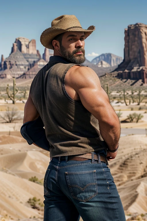 Mature man, big body, very handsome, best quality, adventurer, with brown texas hat, blue jeans, dark gray vest, , masterpiece, super high resolution, detailed background, reality, , single, 1 boy, muscle man, beard, desert, desert, mountain, muscle, facial hair, volumetric lighting, depth of field, wheezing, raised crotch, handsome action, big dynamics, (((big butt))) ((backside))