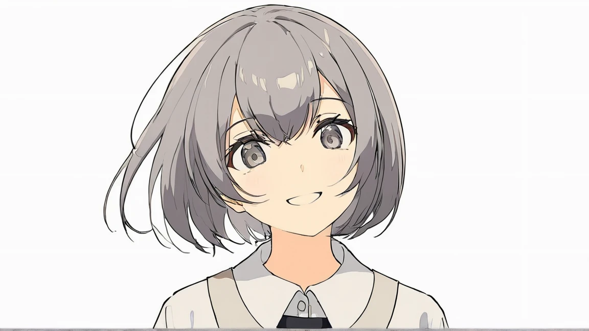 masterpiece,highest quality,One Girl, 一人in, upper_body, smile, gray_eye, Ahoge, 前hair, short_hair, eyebrow_appear_Through_hair, white_shirt, Looking_in_audience, Simple_background, white_background