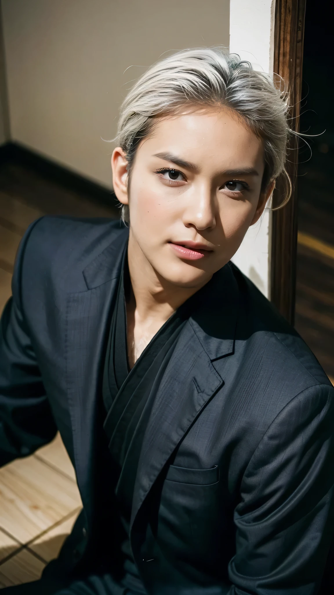 A man, Black samurai suit, white hair,